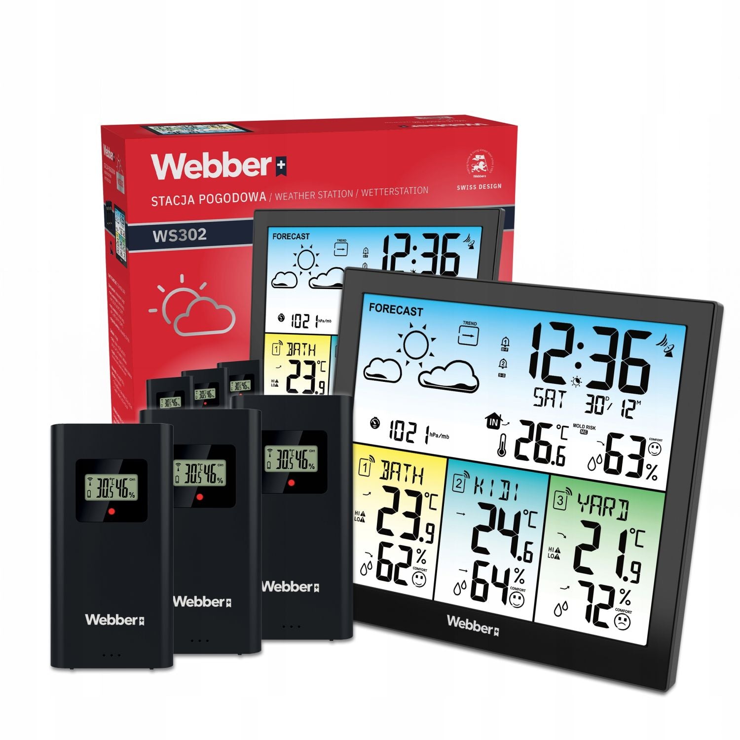 Large Weather Station Webber WS302 with 3 DCF Sensors Alarm Clock