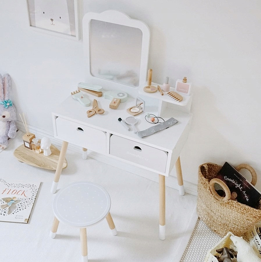 Large Wooden Dressing Table for Kids XXL Mirror Drawers Seat Accessories Manufacturer code DREWNIANA TOALETKA Z LUSTREM