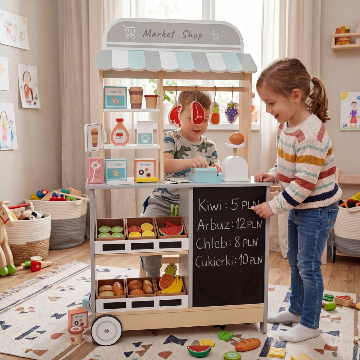 Large Wooden Shop for Children on Wheels Supermarket +44el. 105cm 3in1 Manufacturer code Supermarket drewniany dla dzieci 7788