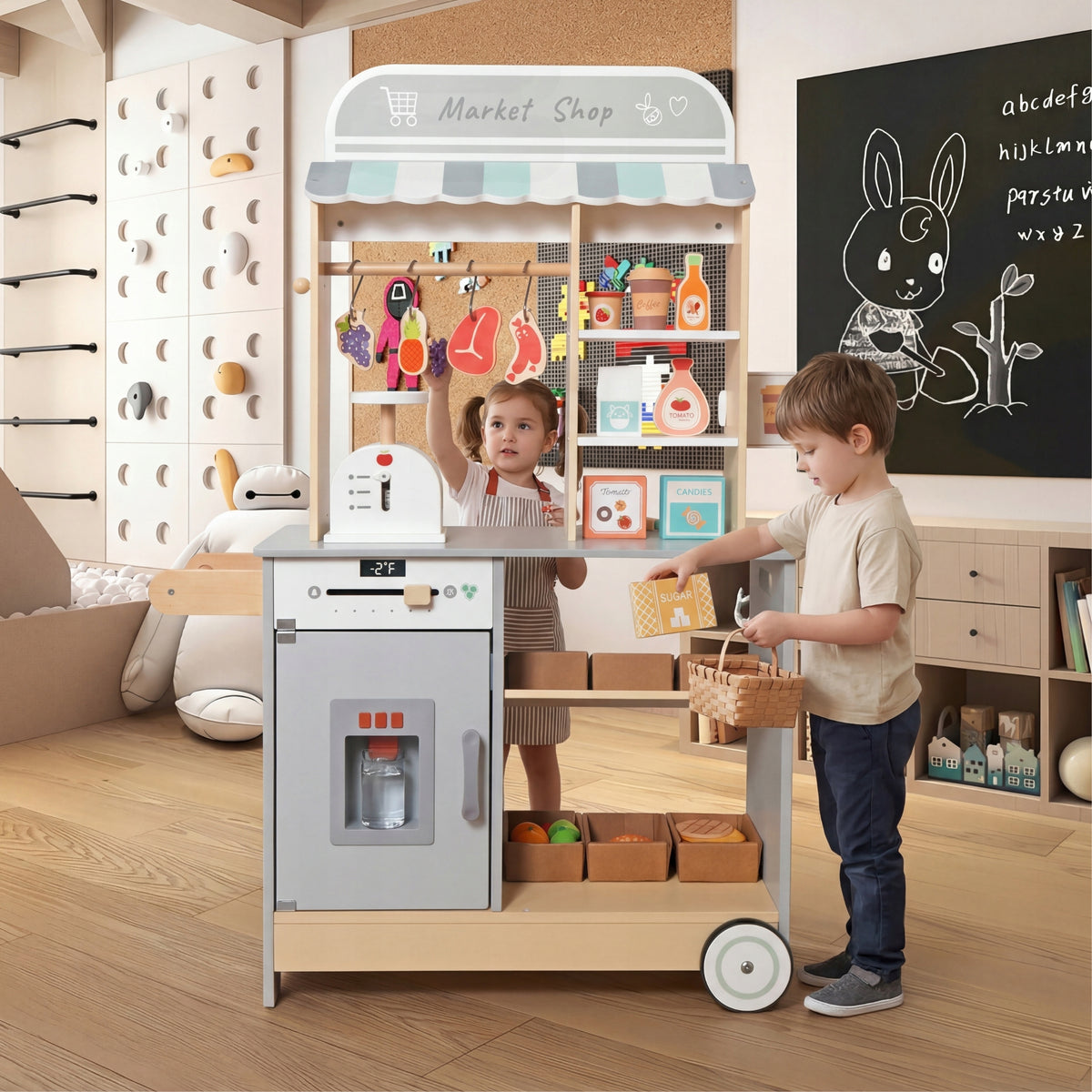 Large Wooden Shop for Children on Wheels Supermarket +44el. 105cm 3in1 Packaging status original