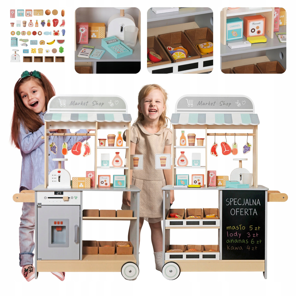 Large Wooden Shop for Children on Wheels Supermarket +44el. 105cm 3in1