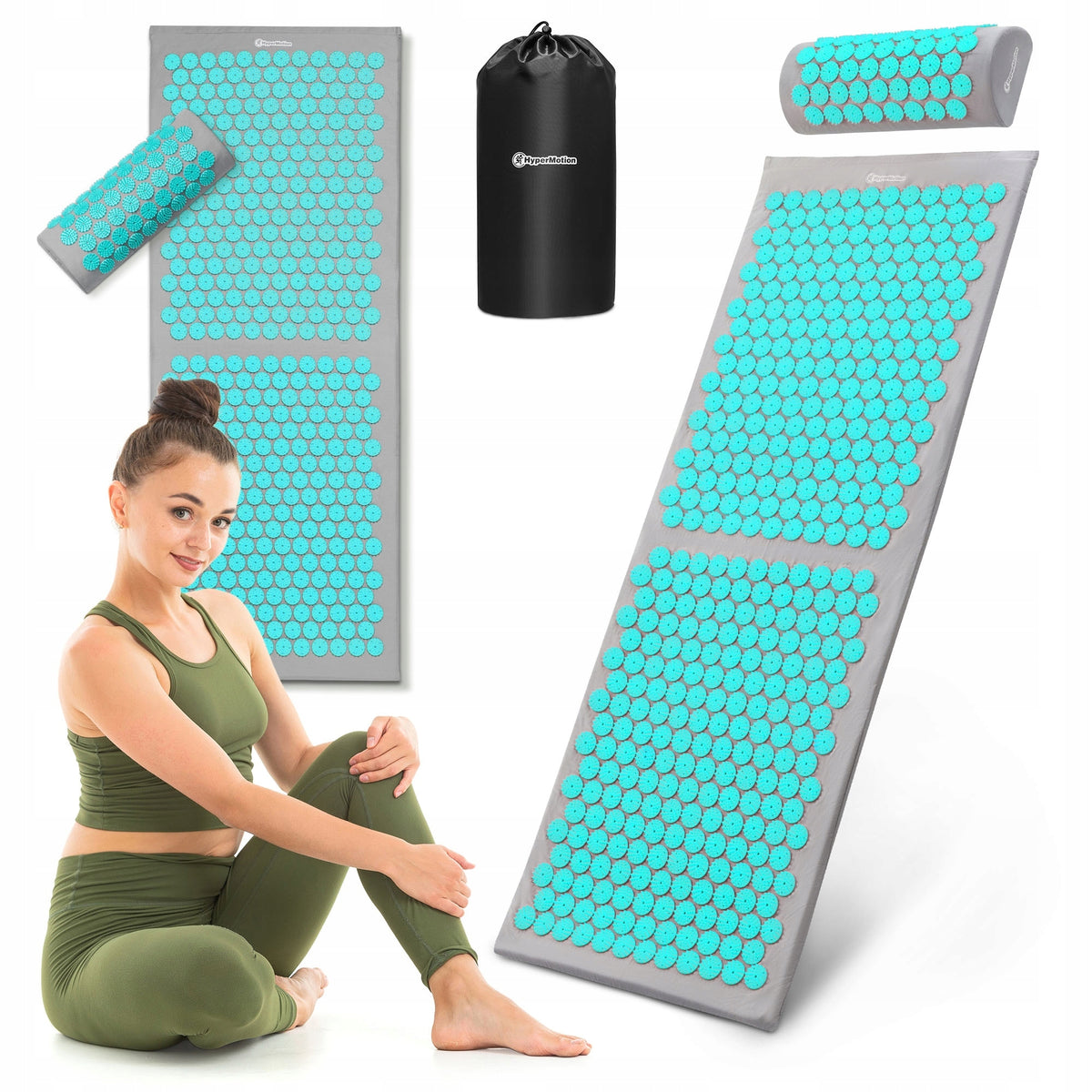 Large acupressure mat with pillow and cover 130cm HyperMotion Grey Mint