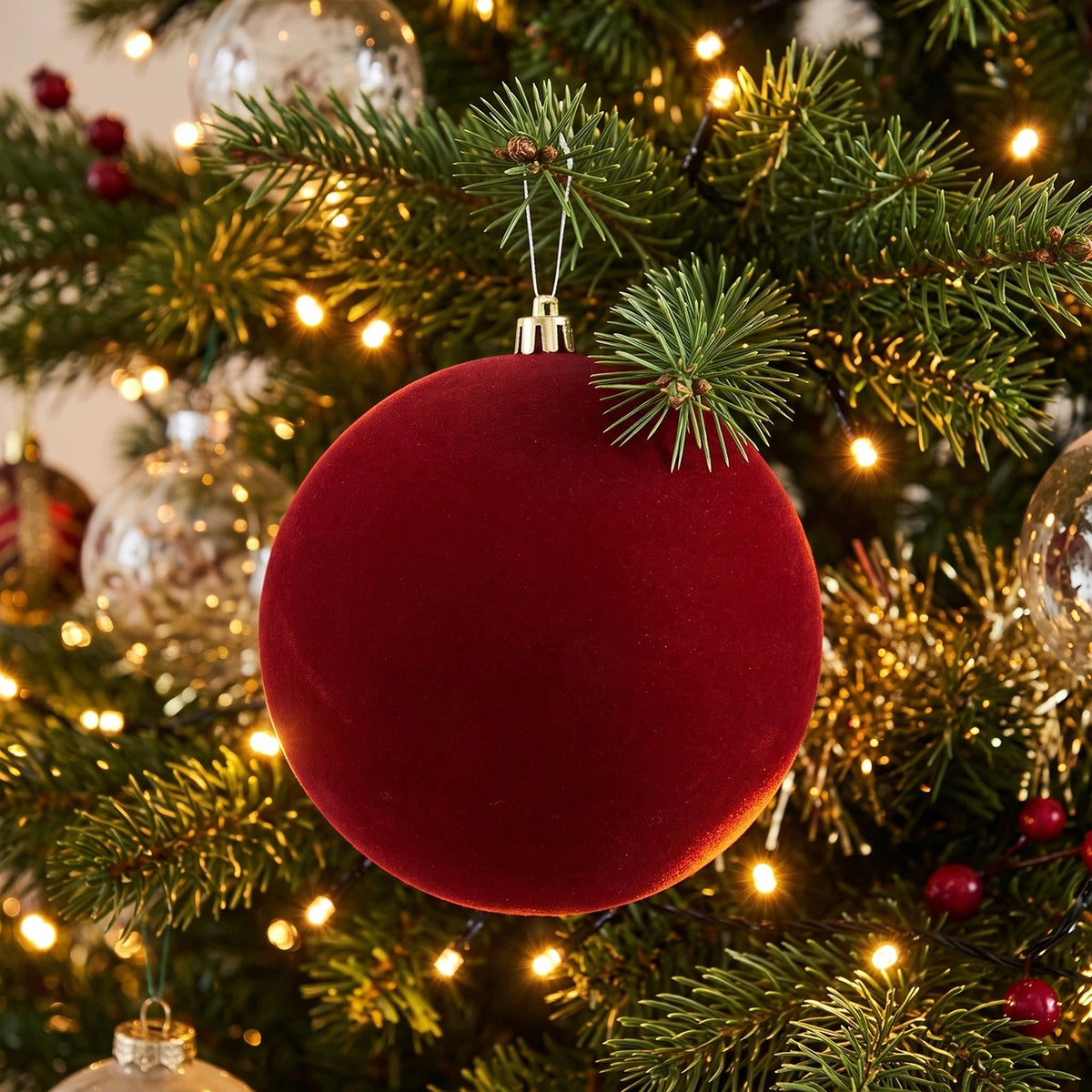 Large velour bauble burgundy 14 cm plastic unbreakable Christmas tree ornament Brand Kaemingk
