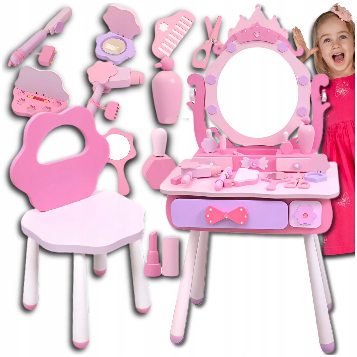 Large wooden dressing table with children's chair accessories for girls