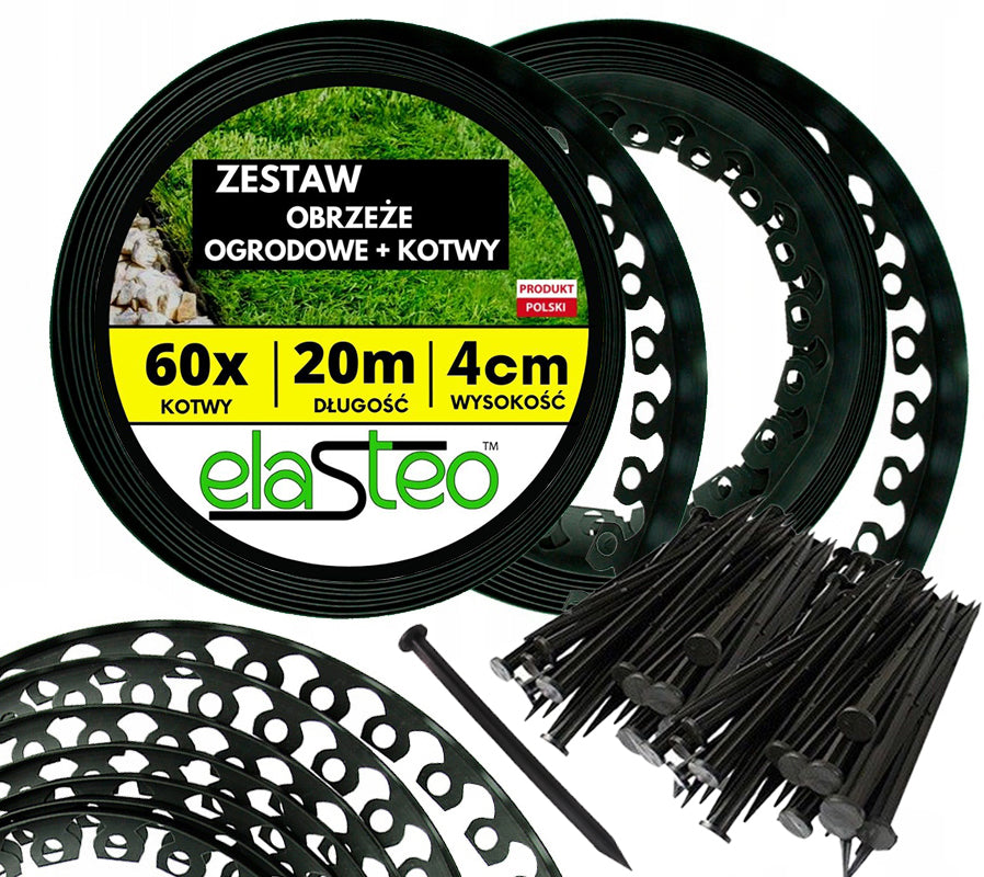 Lawn edging 20m Garden 4cm Black Elastic Curb Strong Anchors
