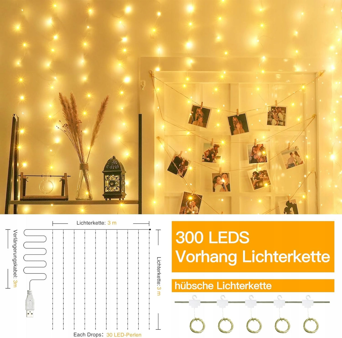 Light curtain 3 x 3 m, 300 LEDs white warm LED OLLNY Manufacturer code W0201M010L