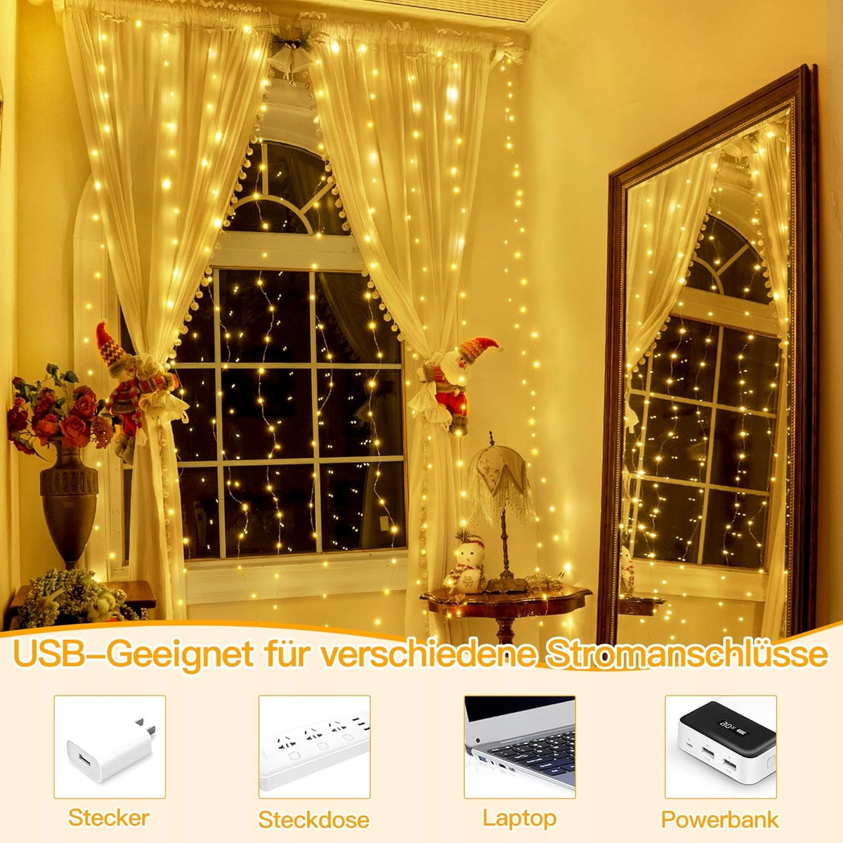 Light curtain 3 x 3 m, 300 LEDs white warm LED OLLNY Packaging status original