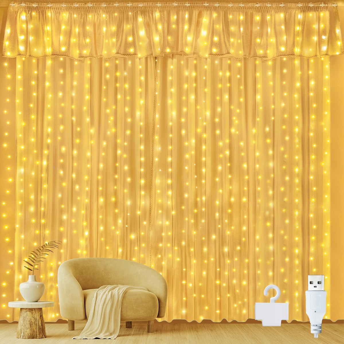 Light curtain 3 x 3 m, 300 LEDs white warm LED OLLNY