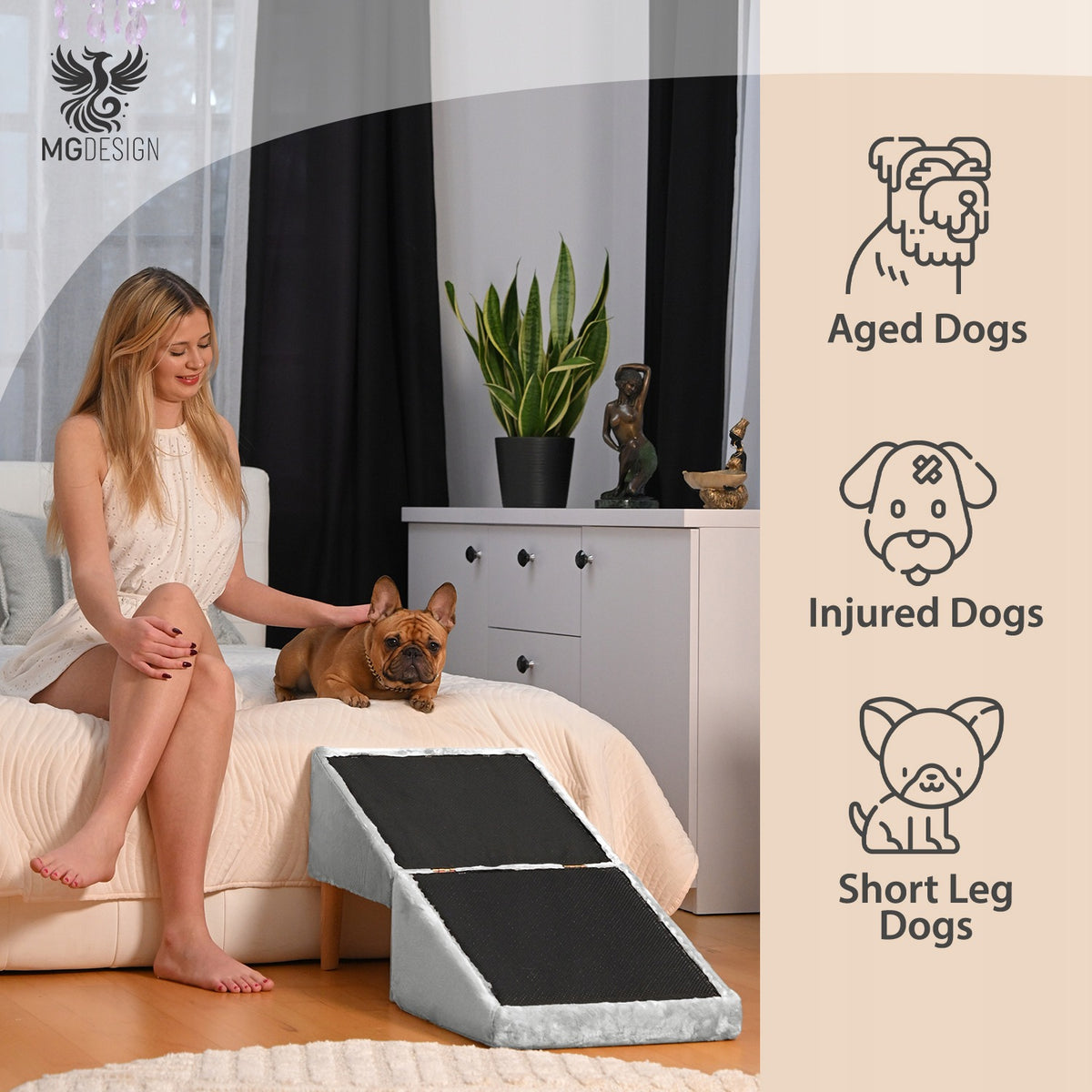 Light grey stairs for dog, cat 2in1 - folding ramp, pouf, platform Maximum load 100 kg
