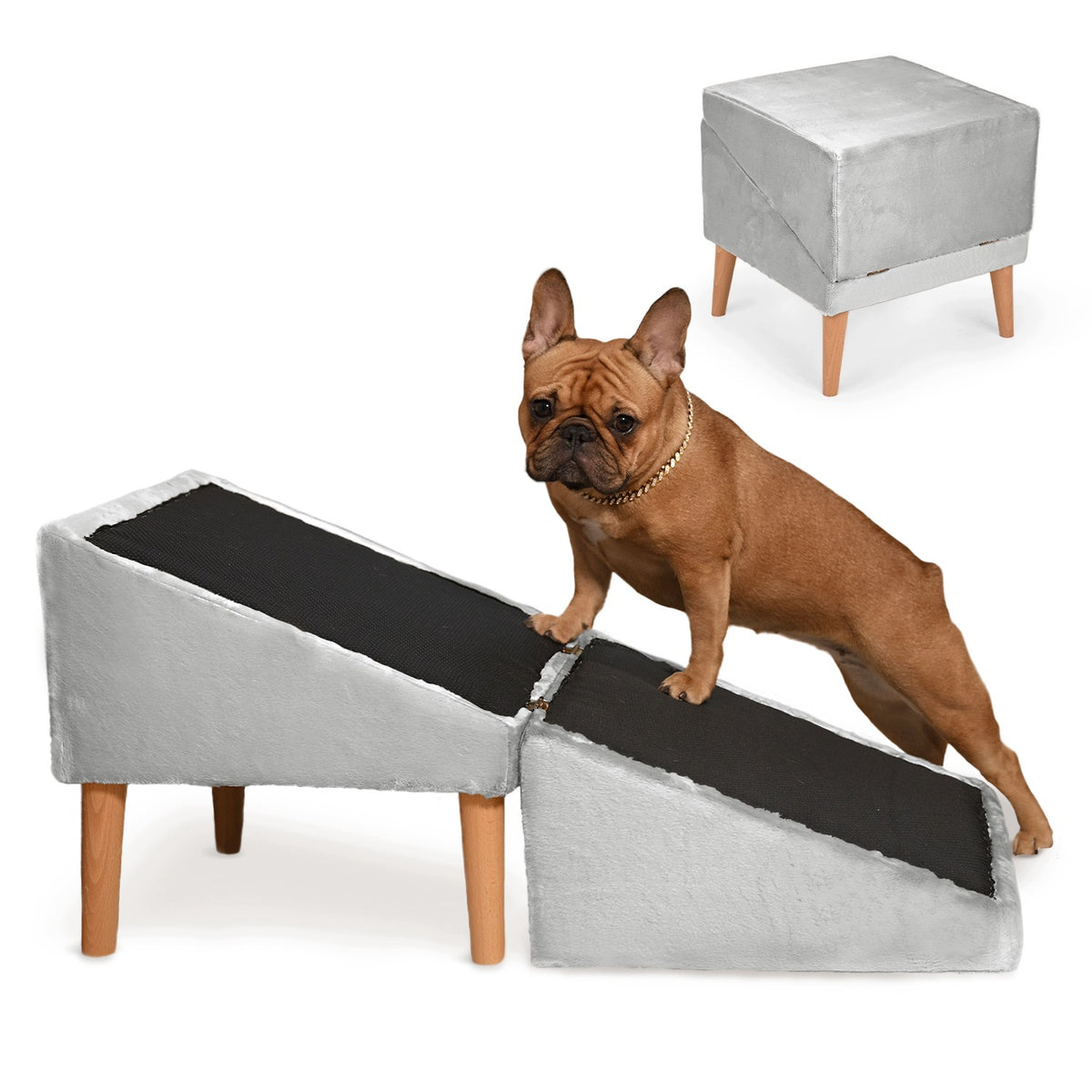 Light grey stairs for dog, cat 2in1 - folding ramp, pouf, platform