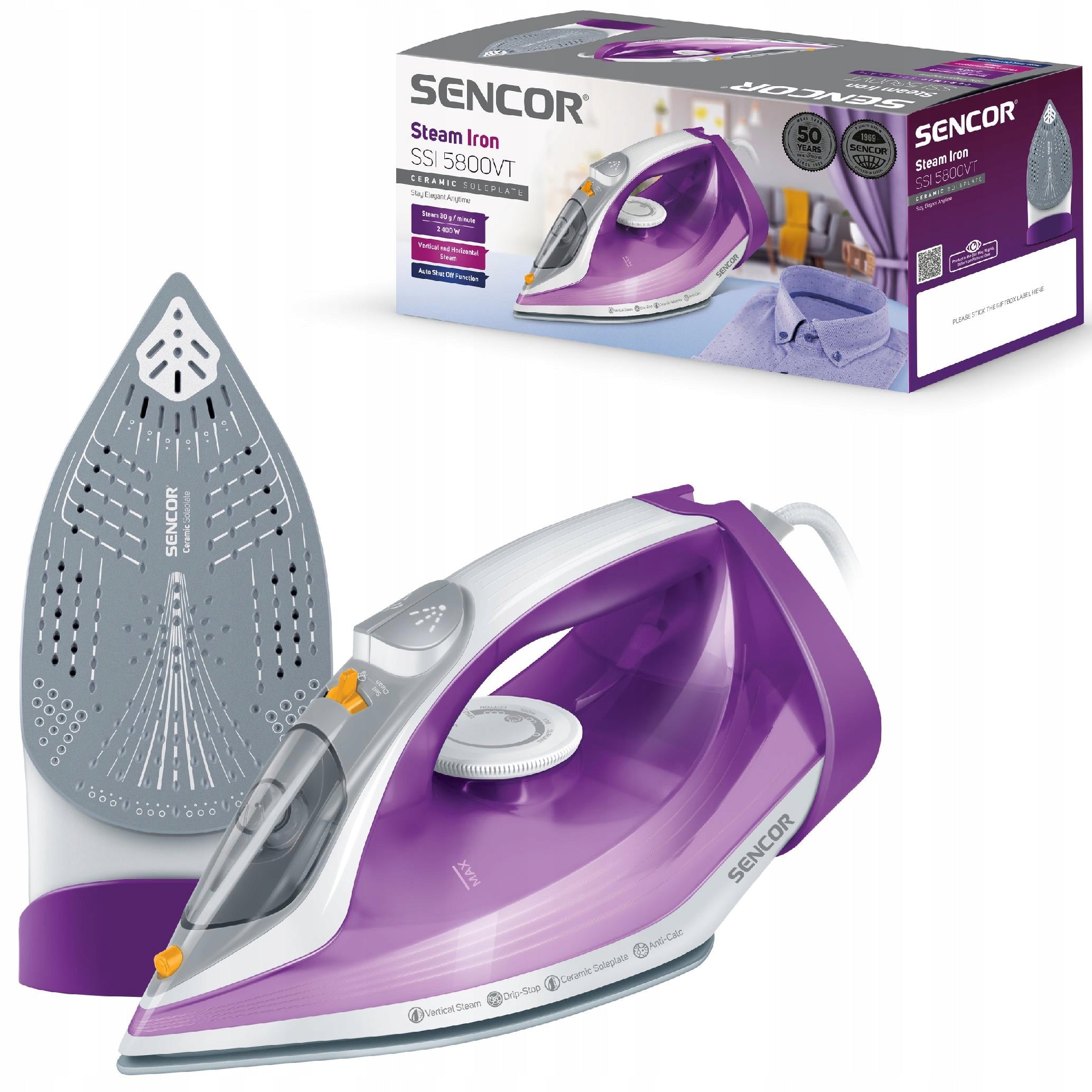 Light steam iron 2400W 260ml ceramic foot purple Sencor SSI 5800VT Packaging status original