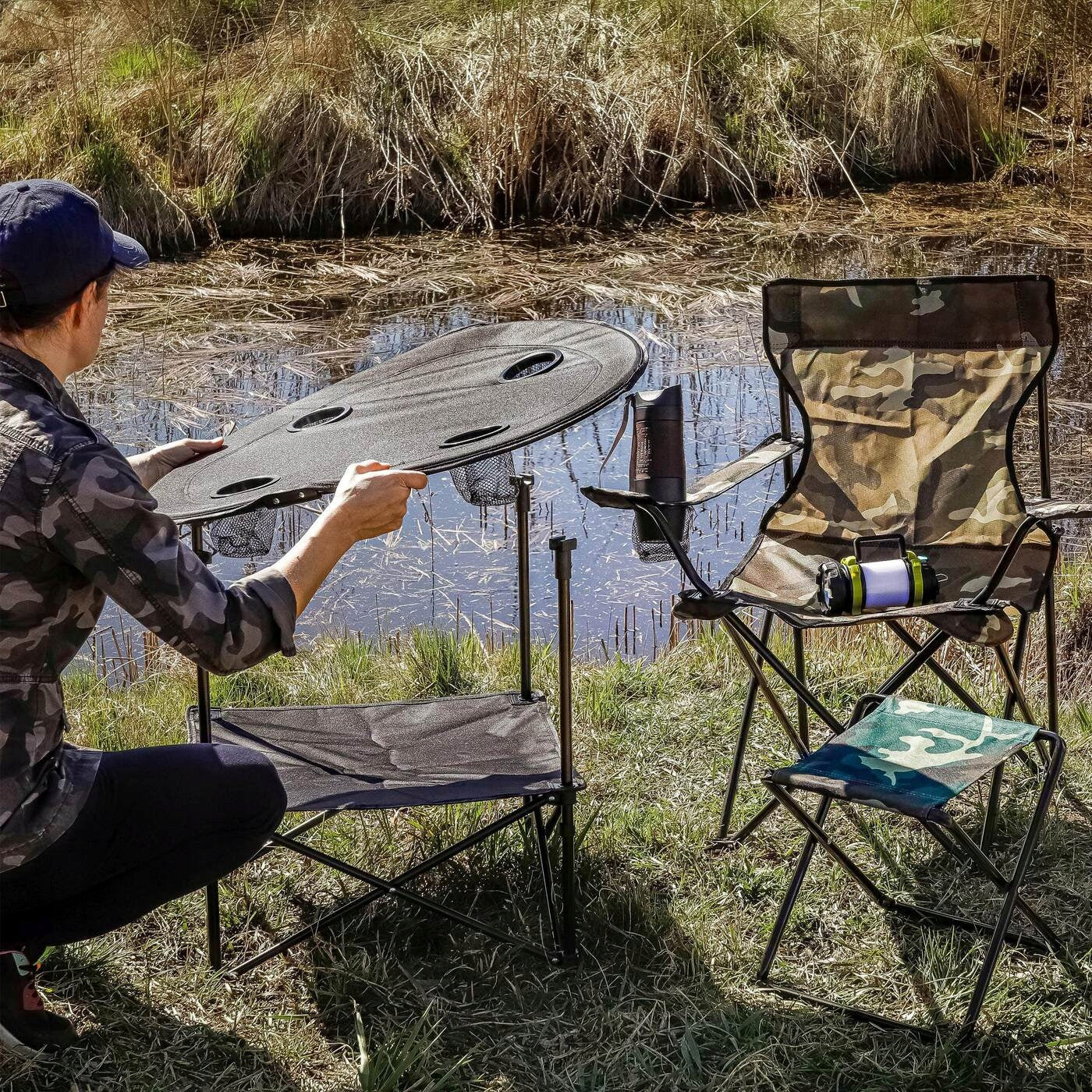 Lightweight ROUND FOLDING TABLE HIKING TABLE for Fish Camping FOR MOTORHOME Color black
