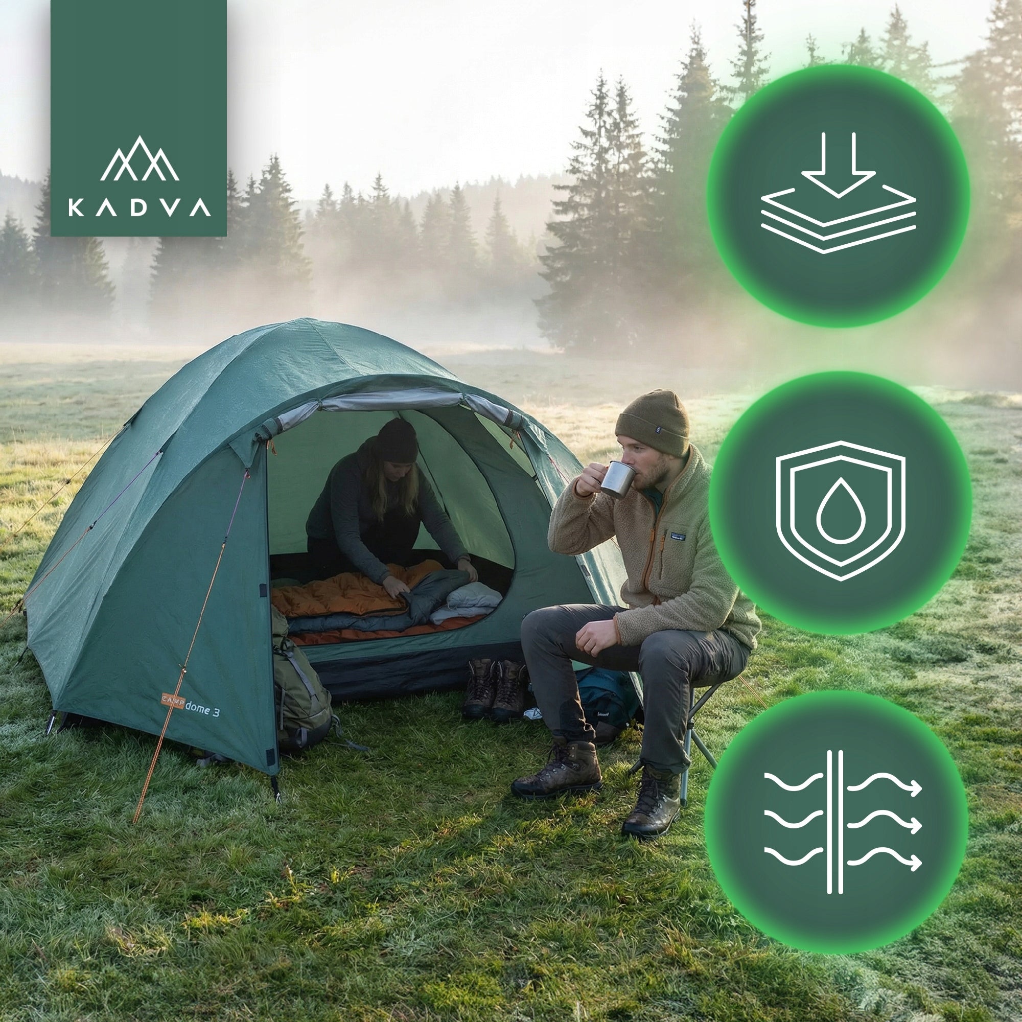 Lightweight camping tent for 3 persons KADVA CAMPdome 3 HIKING WATERPROOF Brand Kadva