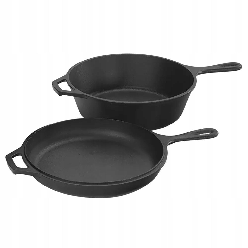 Lodge Set of deep cast iron pans with lid for grill fireplace 2in1