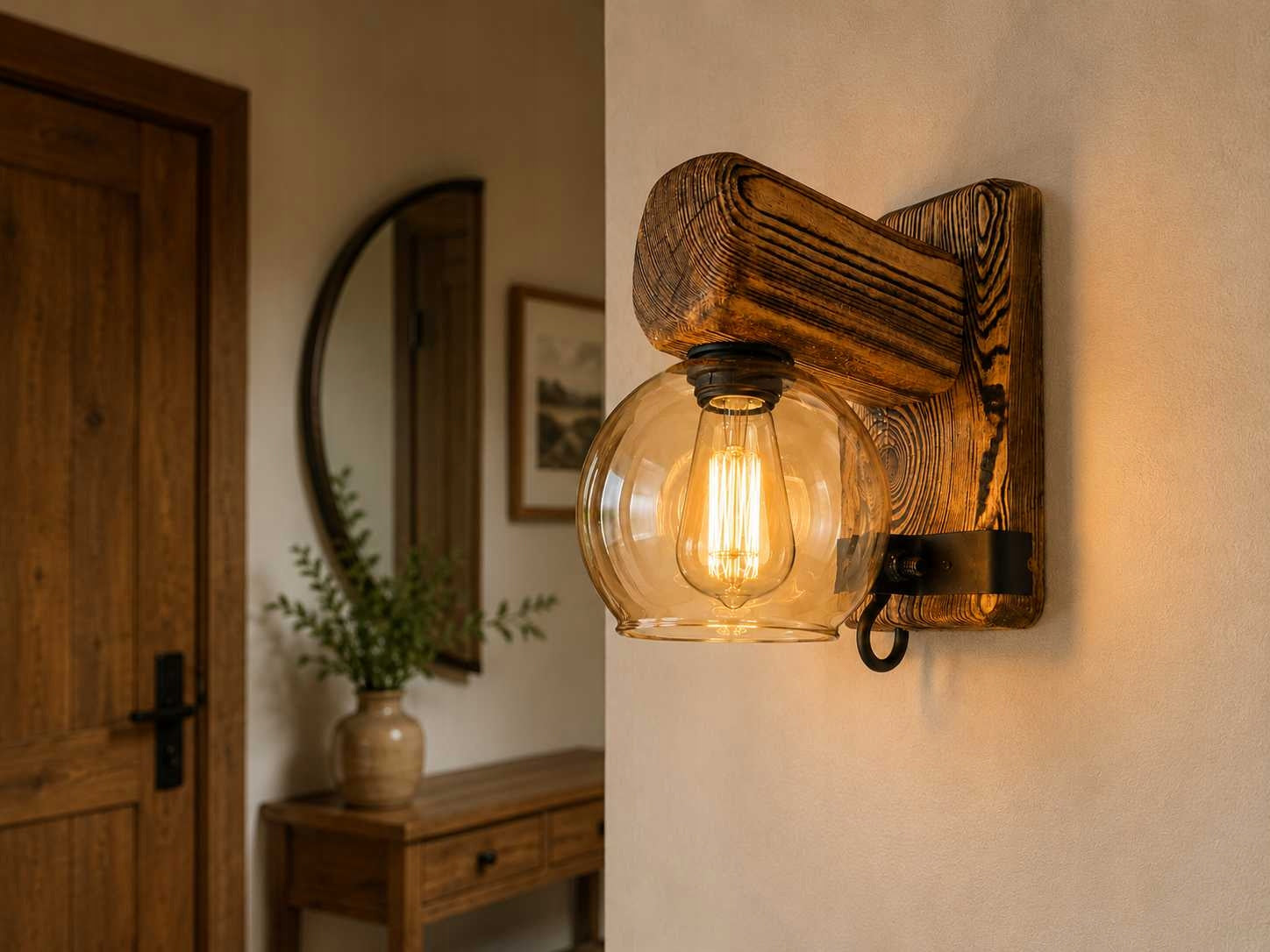Loft Wall Lamp in Wood Glass and Metal RusticBeam Glass Handmade Manufacturer code Kinkiet RusticBeam Glass