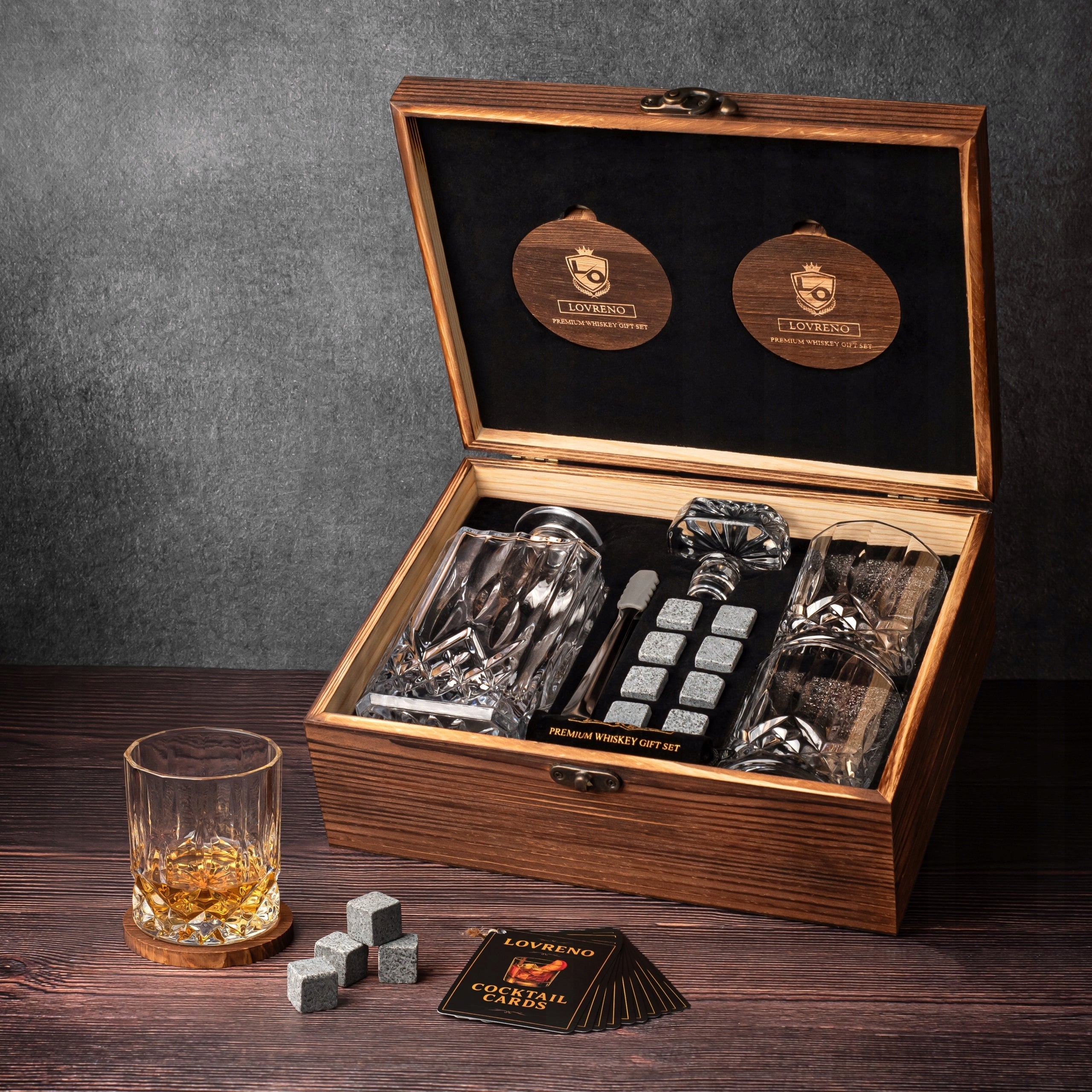 Lovreno Set of Whisky Decanter Glasses Stones Box Wooden Gift Packaging status original