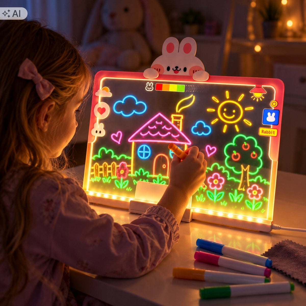 MAGIC LED DRAWING BOARD GLOWING 30X25 7 USB BUNNY PENS Packaging status original
