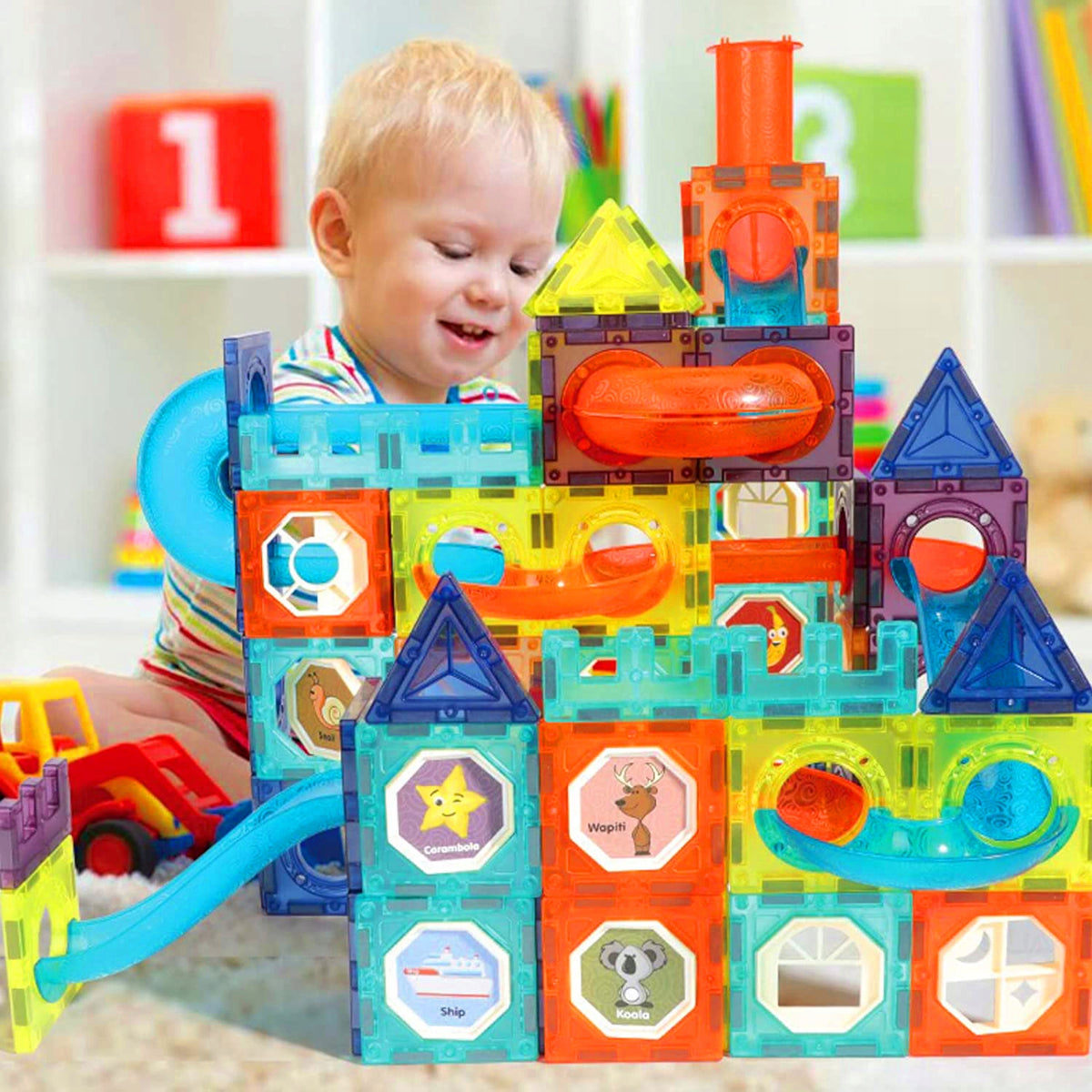 MAGNETIC BLOCKS EDUCATIONAL LARGE TILES BALL TRACK SET OF 96 ELEMENTS Kid's age 3+ years