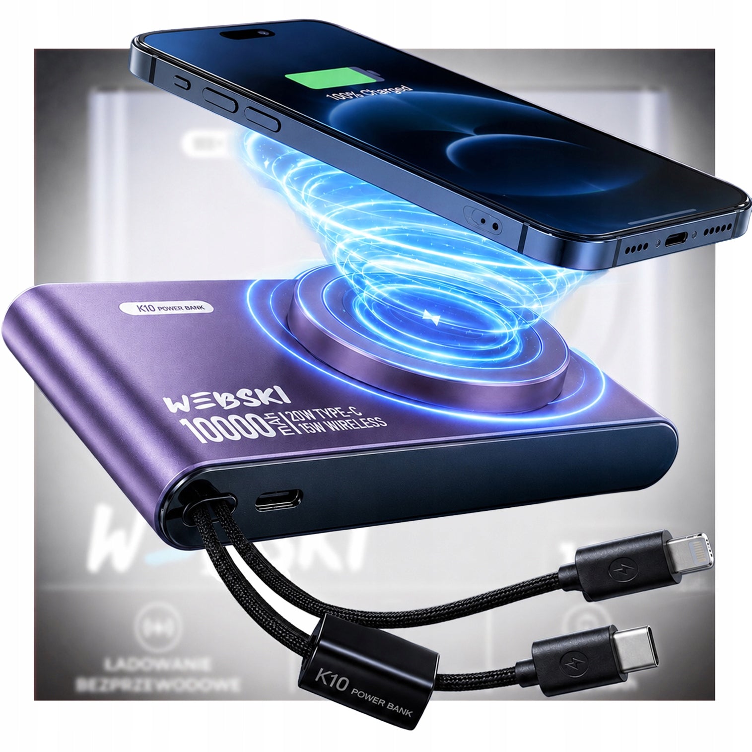MAGNETIC Powerbank with INDUCTION Folding Qi2 MagSAFE with Type C and LT Cable