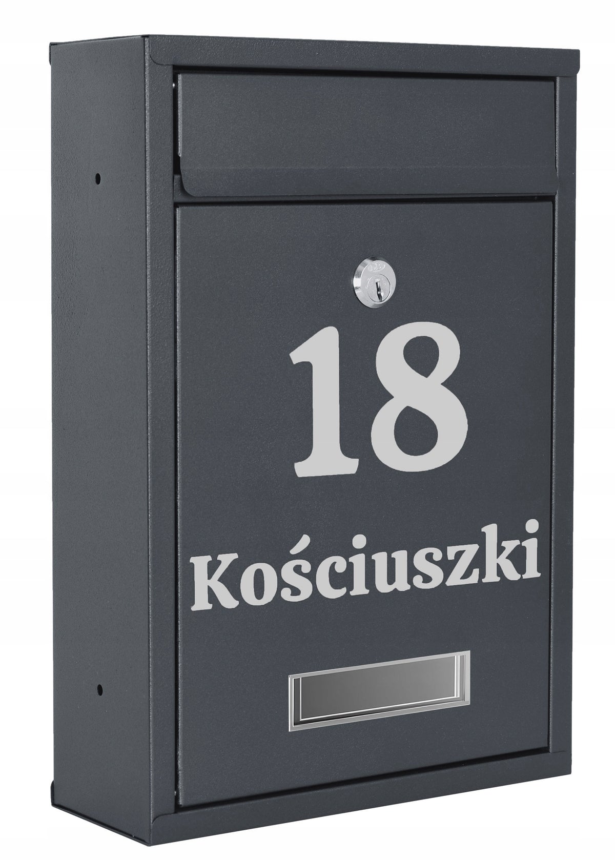 MAILBOX FOR LETTERS MAIL WITH HOUSE NUMBER STREET NAME INSCRIPTION ANTHRACITE