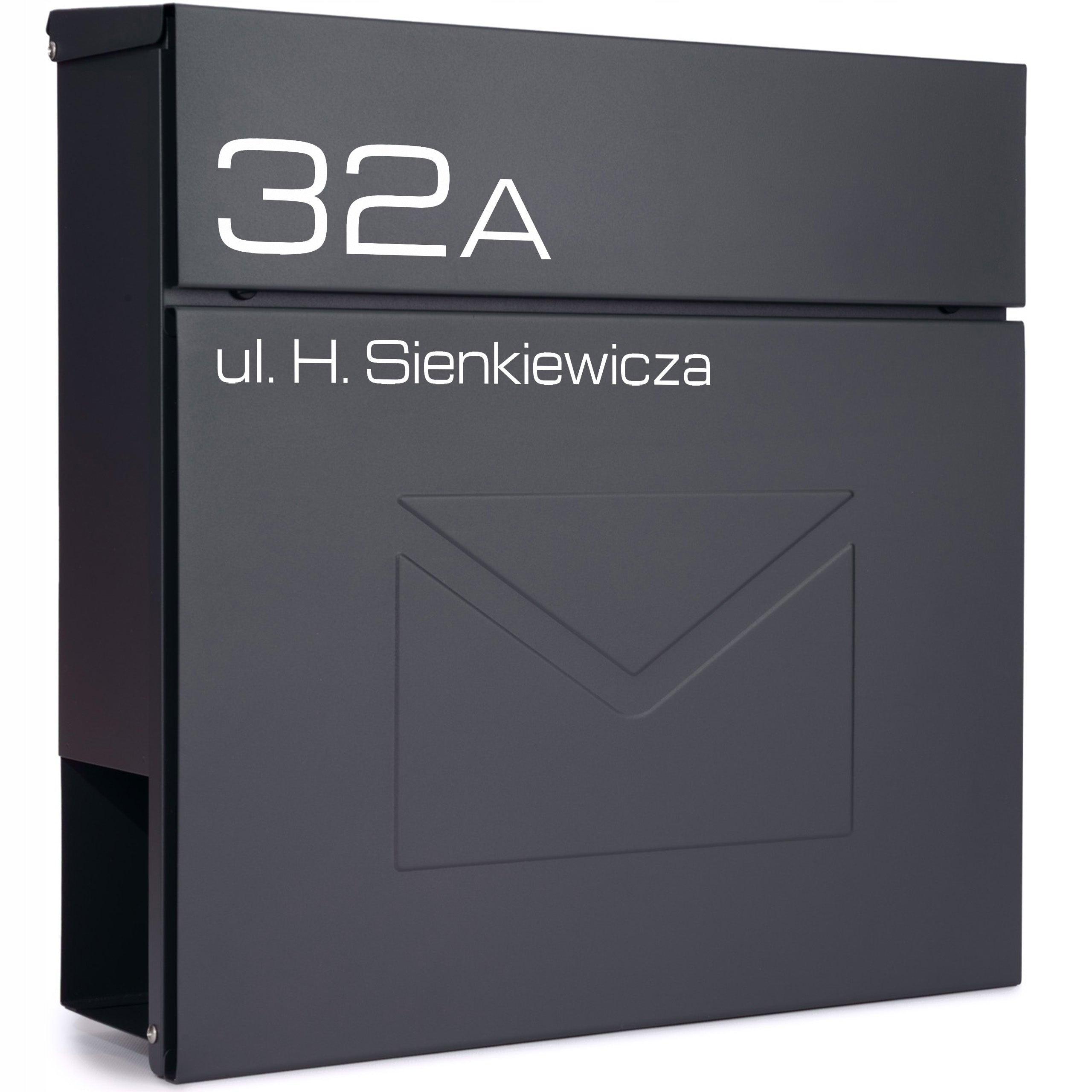 MAILBOX WITH ADDRESS INSCRIPTION HOUSE NUMBER ANTHRACITE UV PRINT