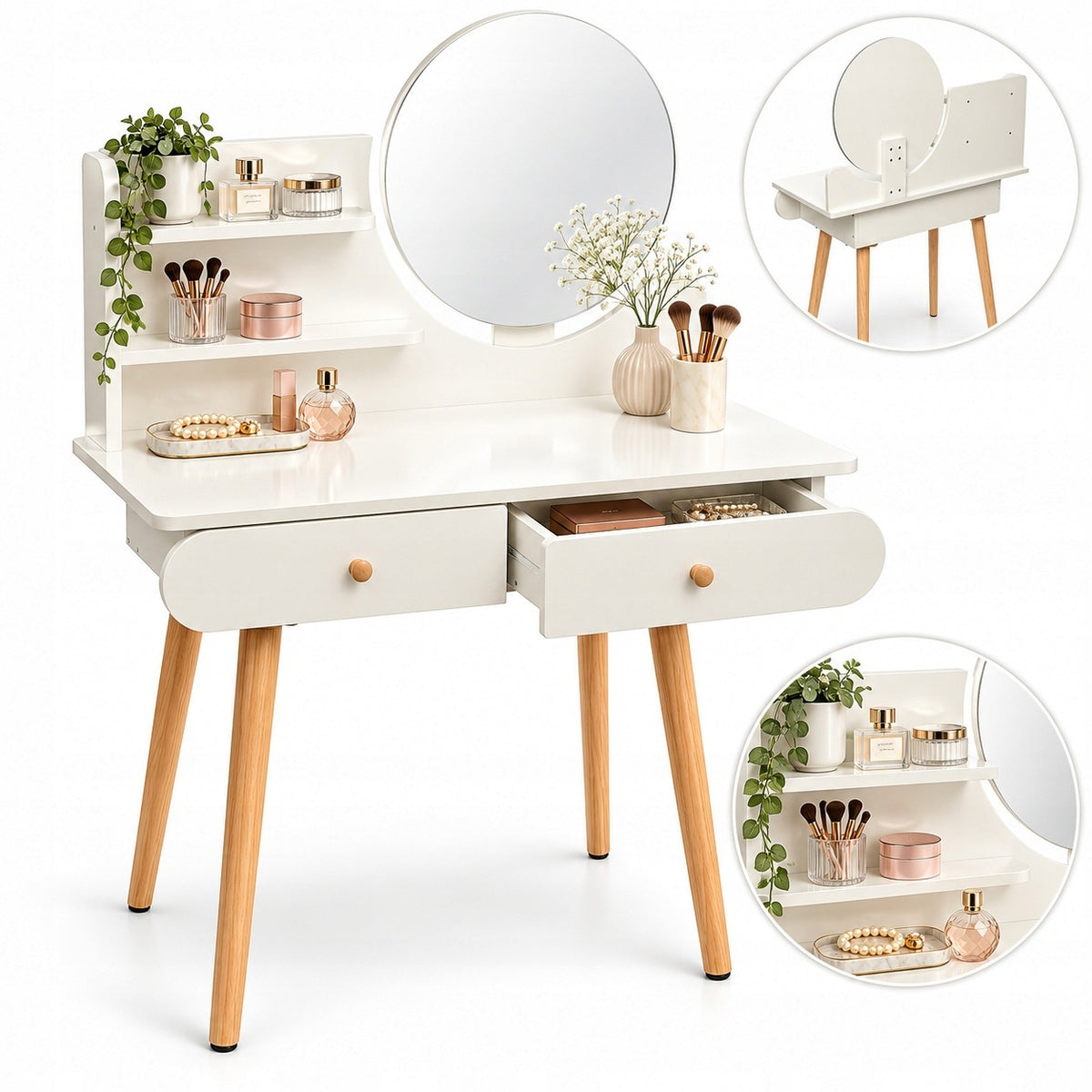 MAKEUP VANITY WITH MIRROR WHITE EASY SCANDINAVIAN INSTALLATION FOR BEDROOM