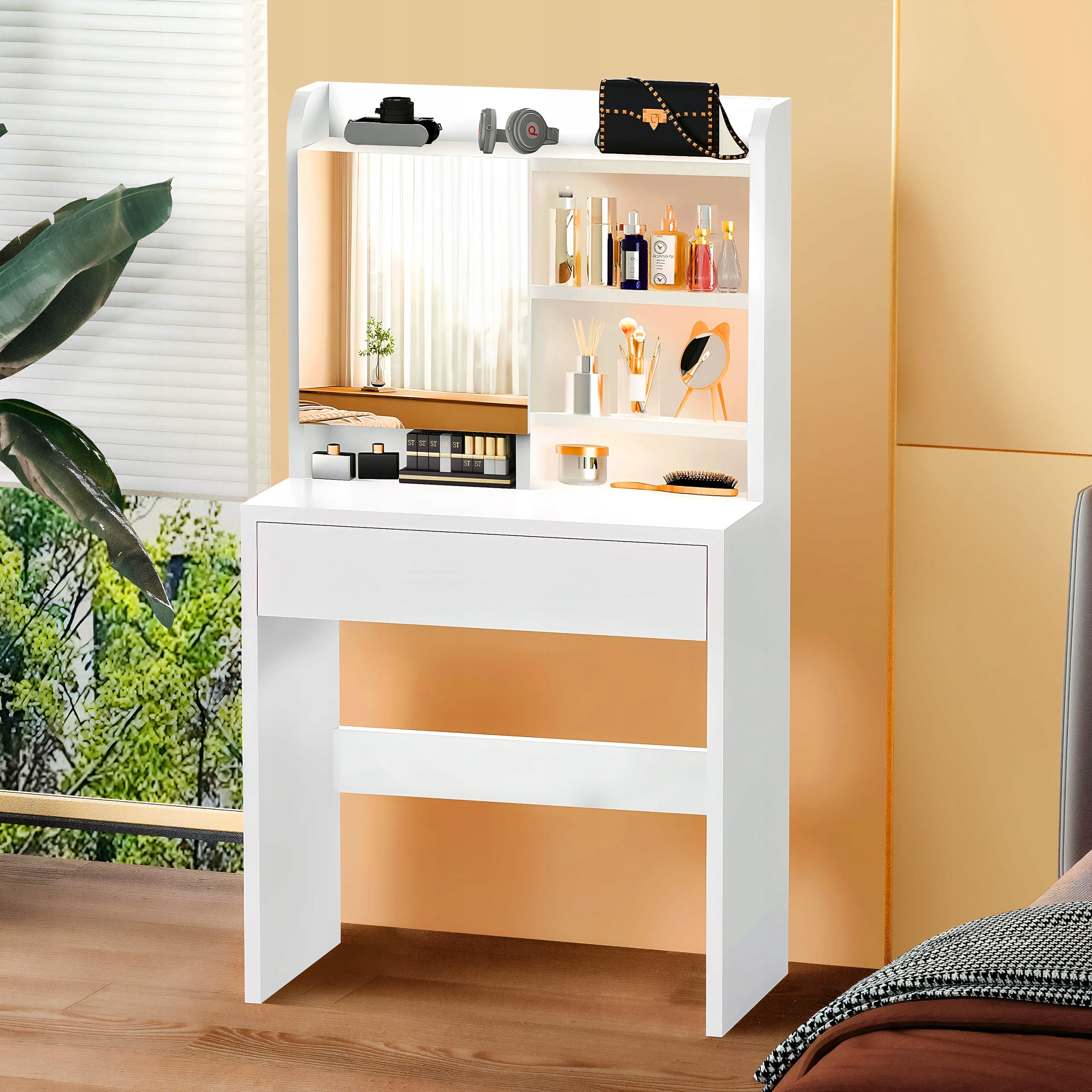 MAŁY TOALETKA DREWNIANA BIAŁA Z LUSTREM I SZUFLADY 70x40x135cm LED Furniture depth 40 cm