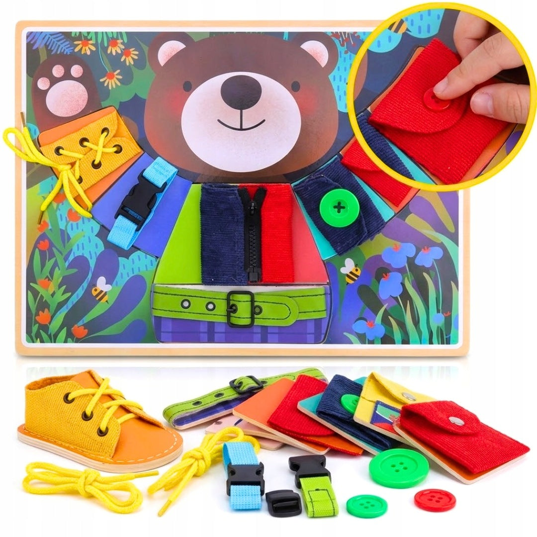MANIPULATION BOARD SENSORY BEAR MONTESSORI LEARNING TO FASTEN BUTTONS 3+