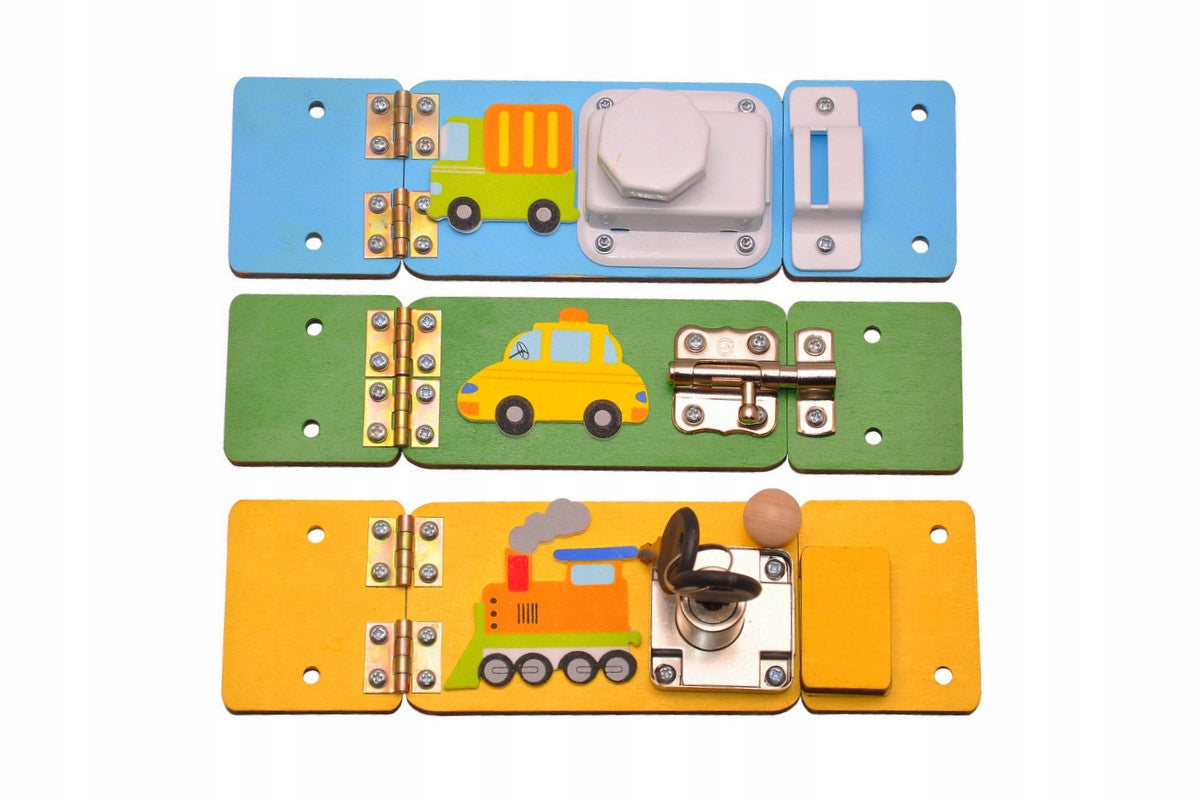 MANIPULATION BOARD SET OF 3 DOORS WITH DEADBOLTS DECORS MOVING PARTS