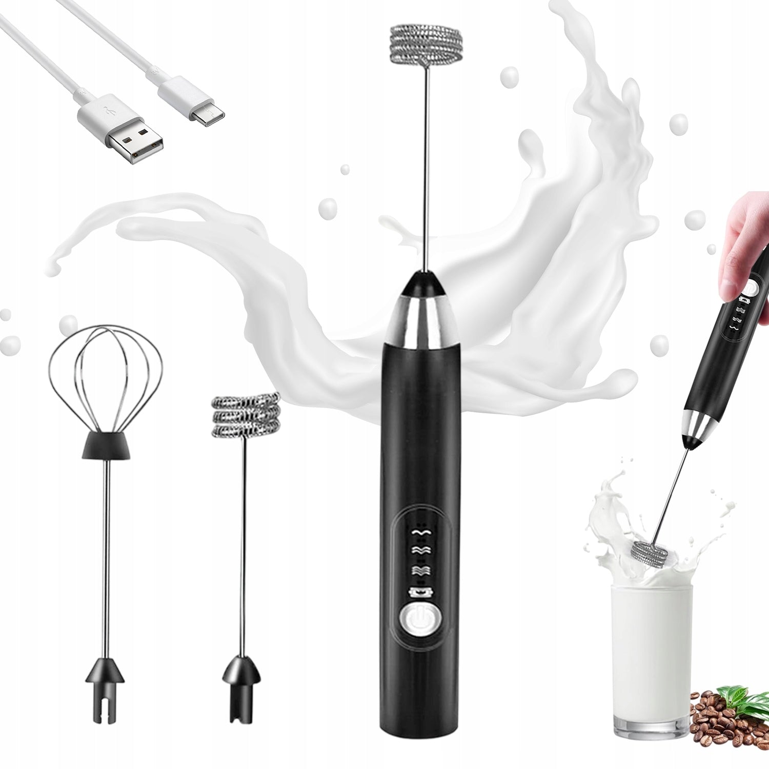 MANUAL FROTHER COFFEE MILK MIXER ELECTRIC MINI BLENDER + 2 TIPS