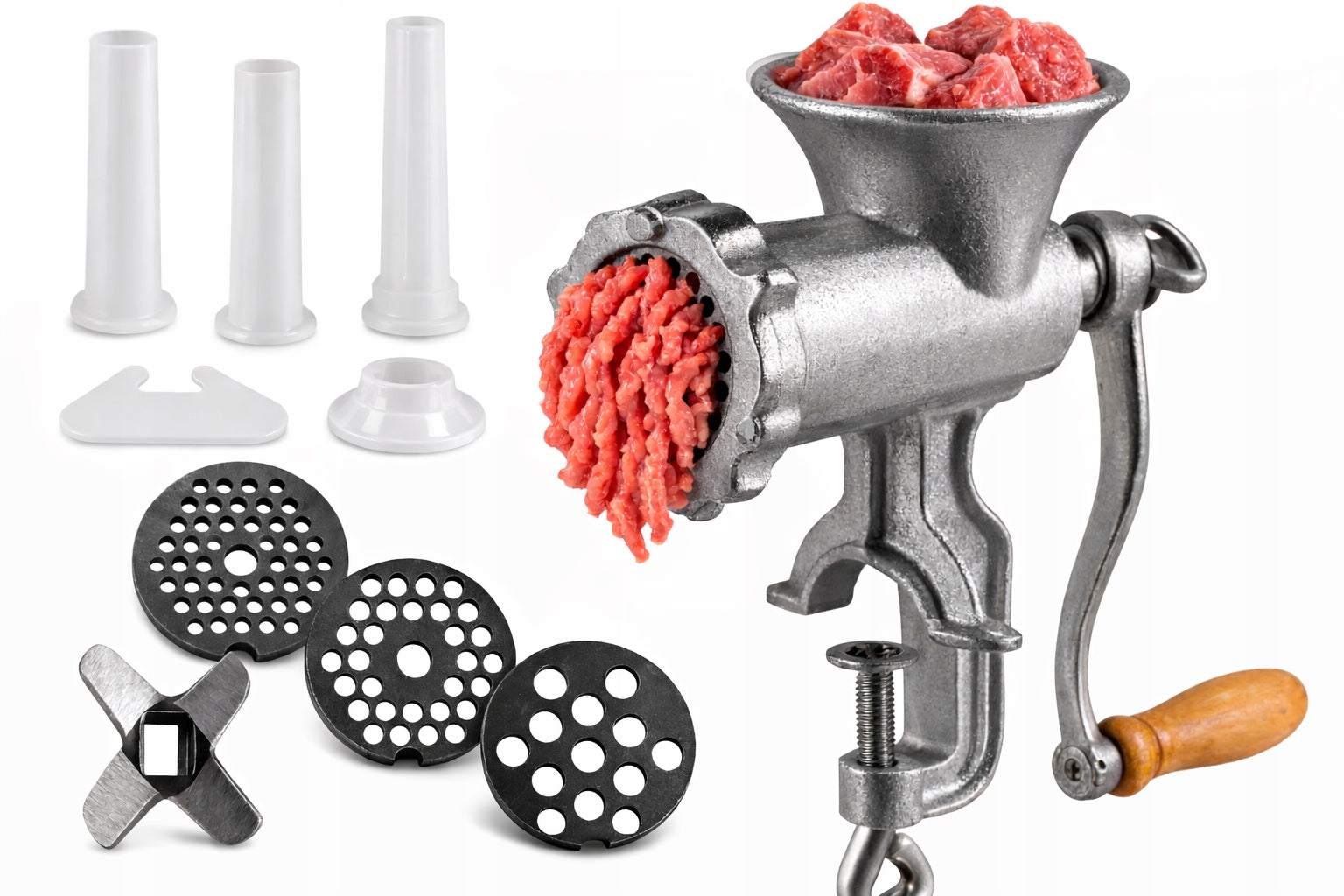 MANUAL MEAT GRINDER Cast Iron No. 10 Stuffer 3 Sita 3 Funnels