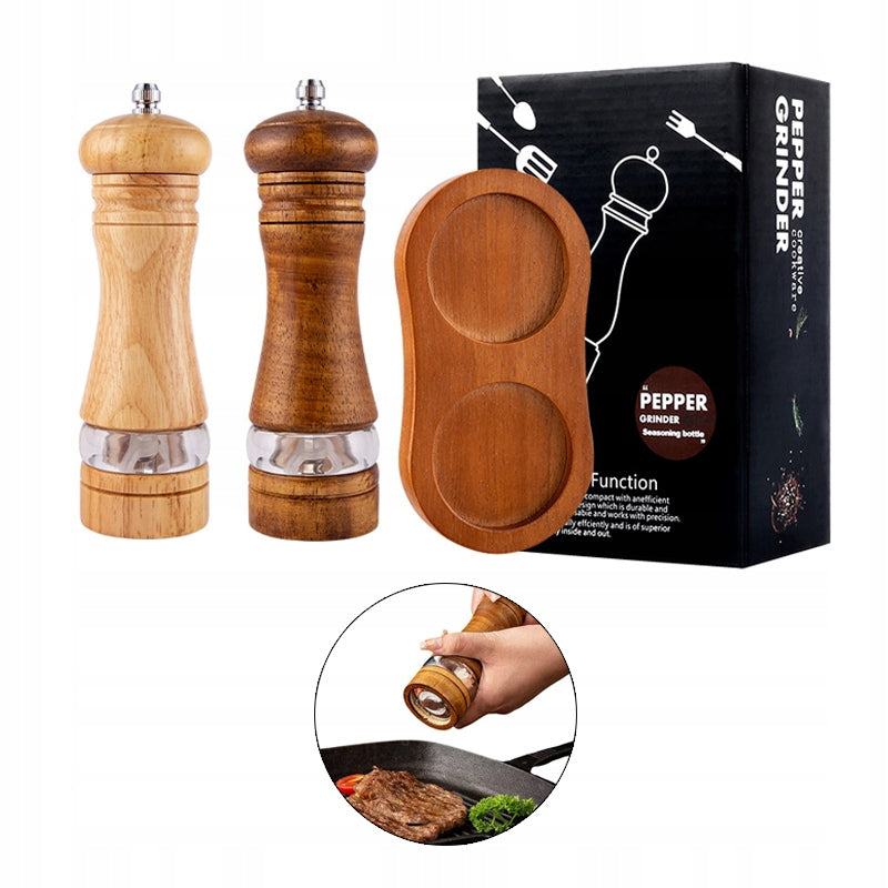 MANUAL SALT AND PEPPER GRINDER WOODEN 2 SET +base
