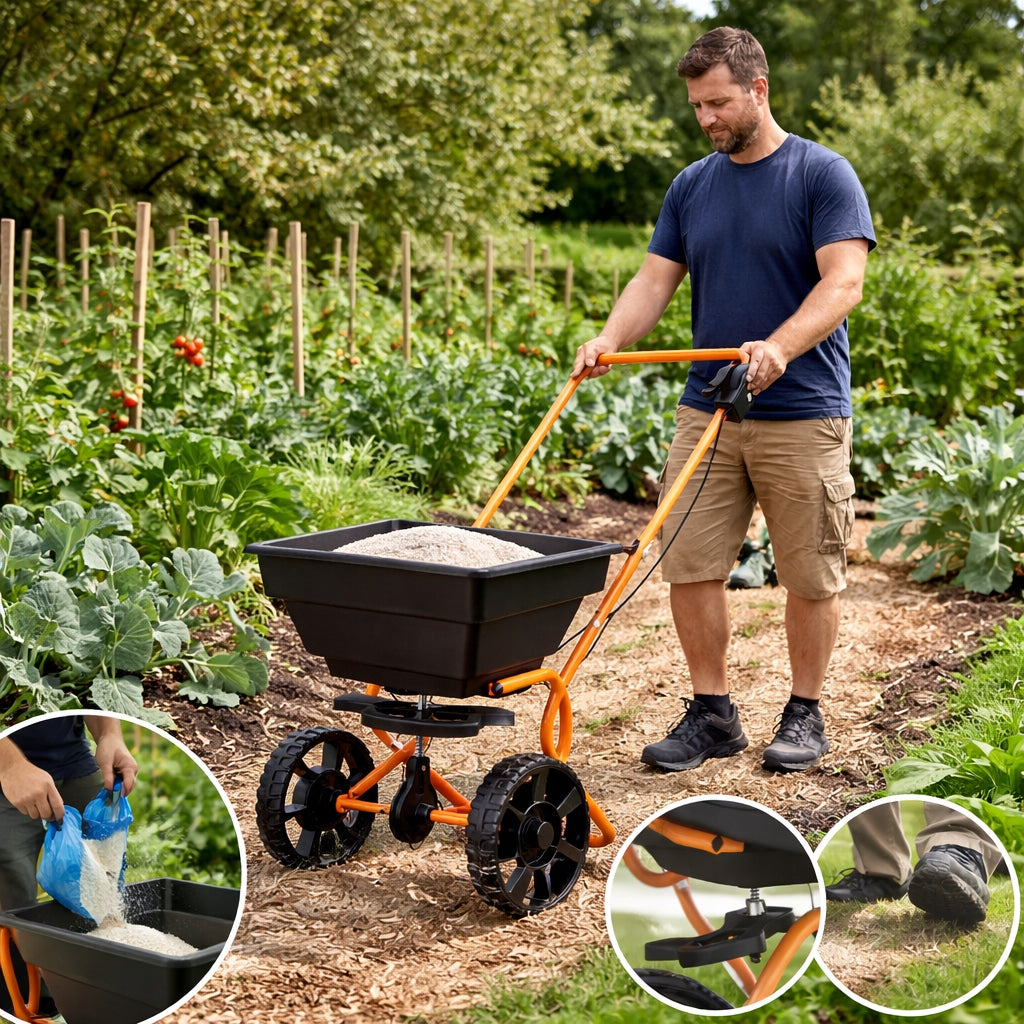 MANUAL WHEELBARROW SPREADER FOR GRASS SEEDS SCATTERING ADJUSTMENT 15L Power supply handheld