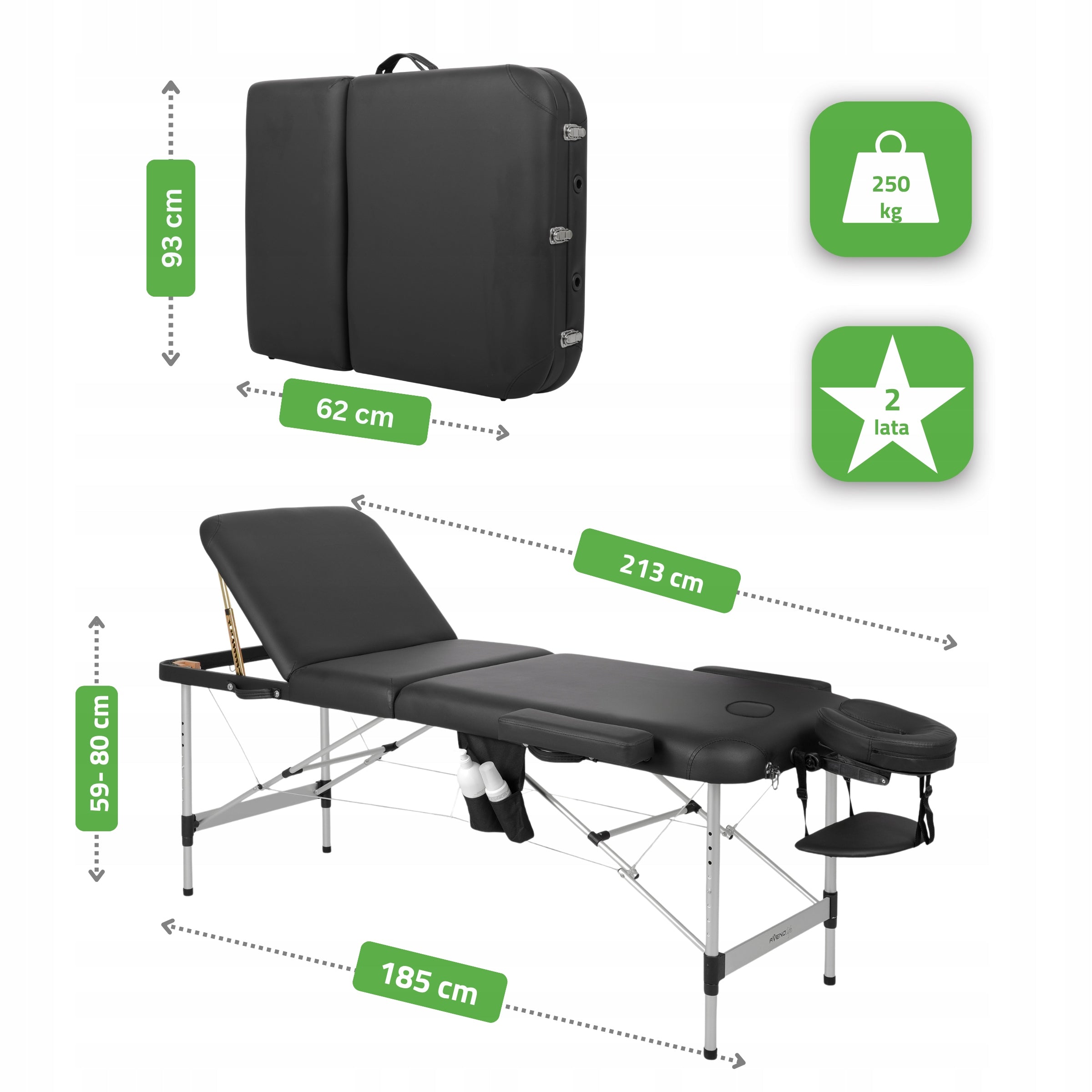 MASSAGE TABLE FOLDING PORTABLE ALUMINUM 3 SEGMENTS ADELE 60 CM BLACK EAN (GTIN) 5906667491463