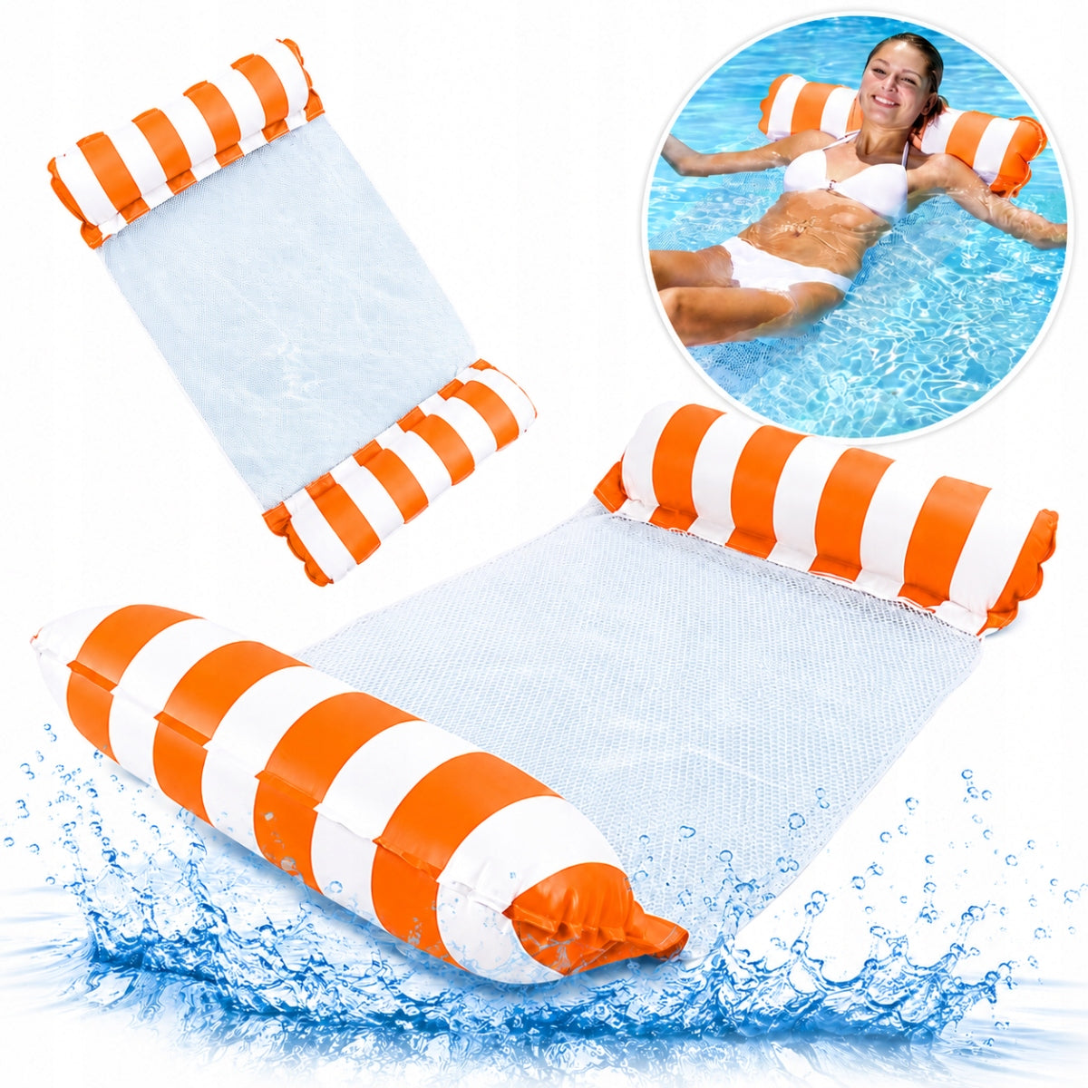 MATTRESS HAMMOCK WATER LOUNGER FOR Swimming WITH MESH Orange Strips