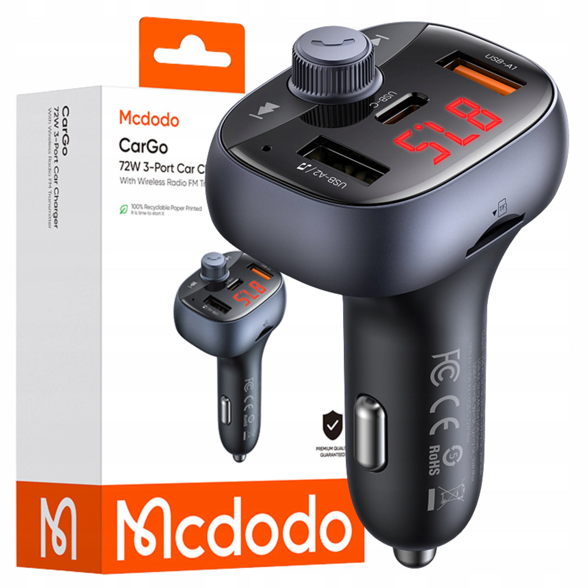 MCDODO BLUETOOTH CAR FM TRANSMITTER 2IN1 USB-A CHARGER USB-C 72W