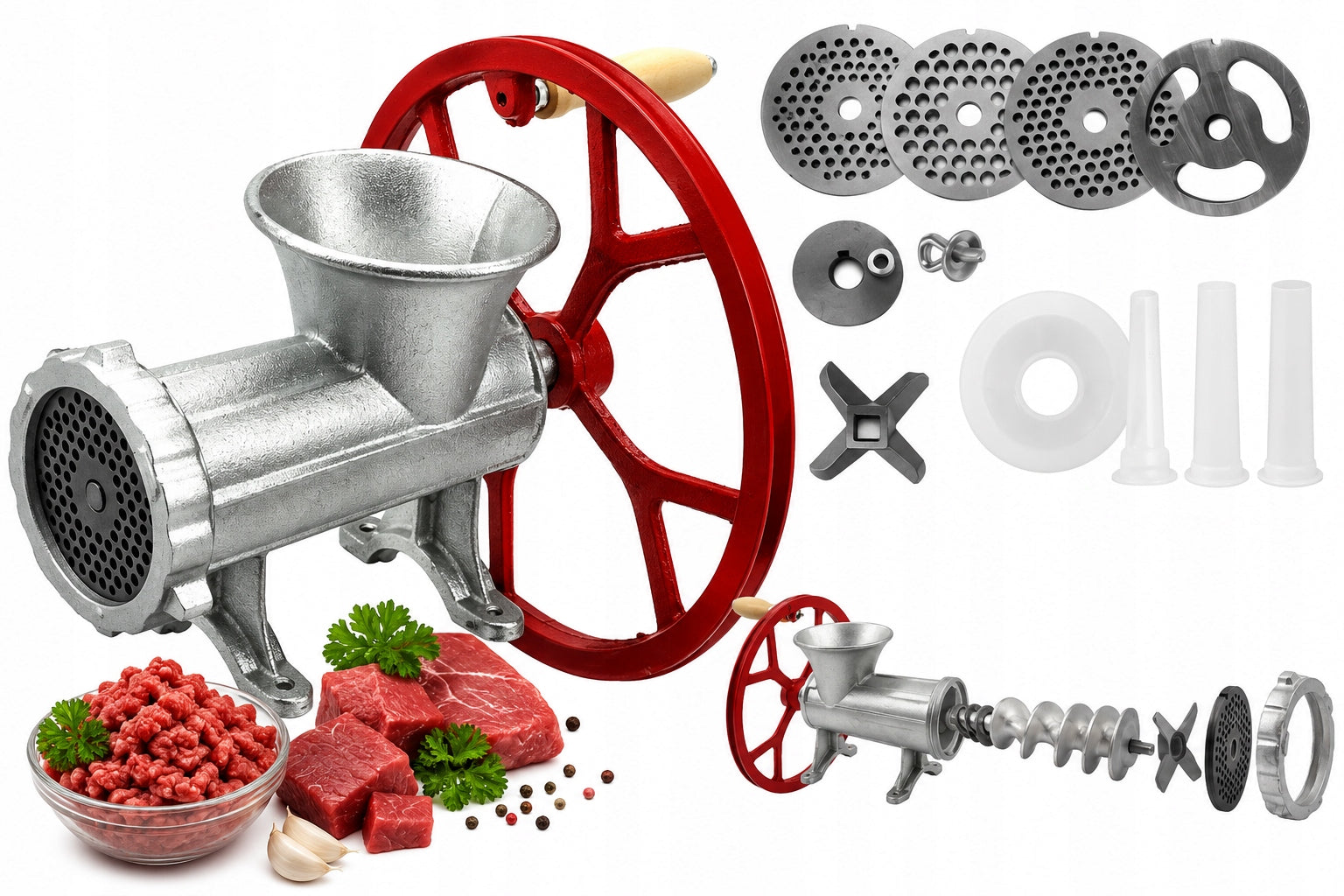 MEAT GRINDER No. 32 Funnel Wheel Stuffer 4 sieves