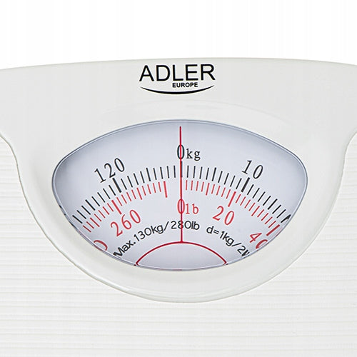 MECHANICAL BATHROOM SCALE ADLER UP TO 130 KG WHITE WITHOUT BATTERIES Manufacturer code ad_8151w WAGA MECHANICZNA BIAŁA BEZ BATERII