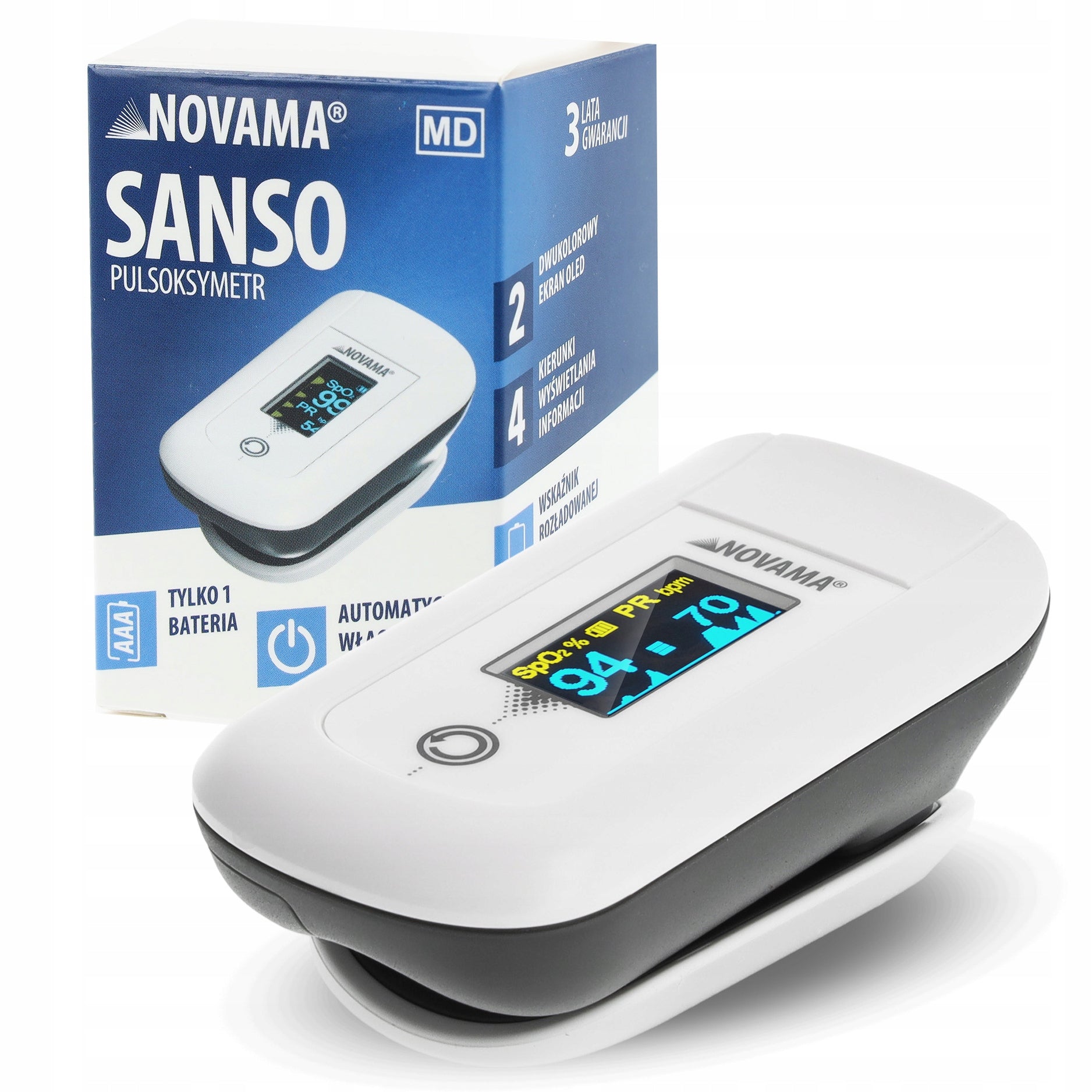 MEDICAL FINGER PULSE OXIMETER NOVAMA SANSO WITH OLED SCREEN 4 DIRECTIONS Color white