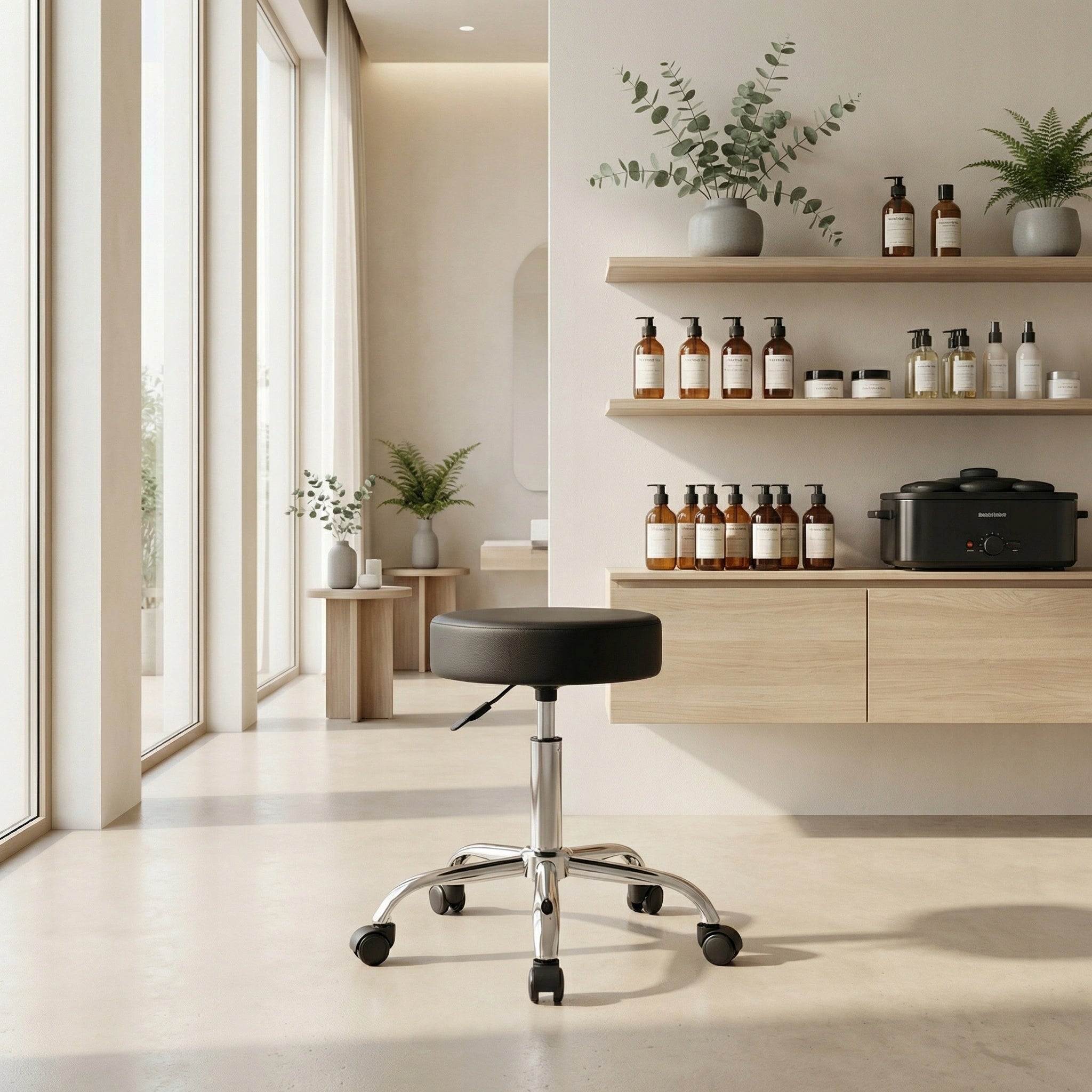 MEDICAL HAIRDRESSER COSMETIC STOOL BLACK ON WHEELS ROTATING CIRCLE Packaging status original