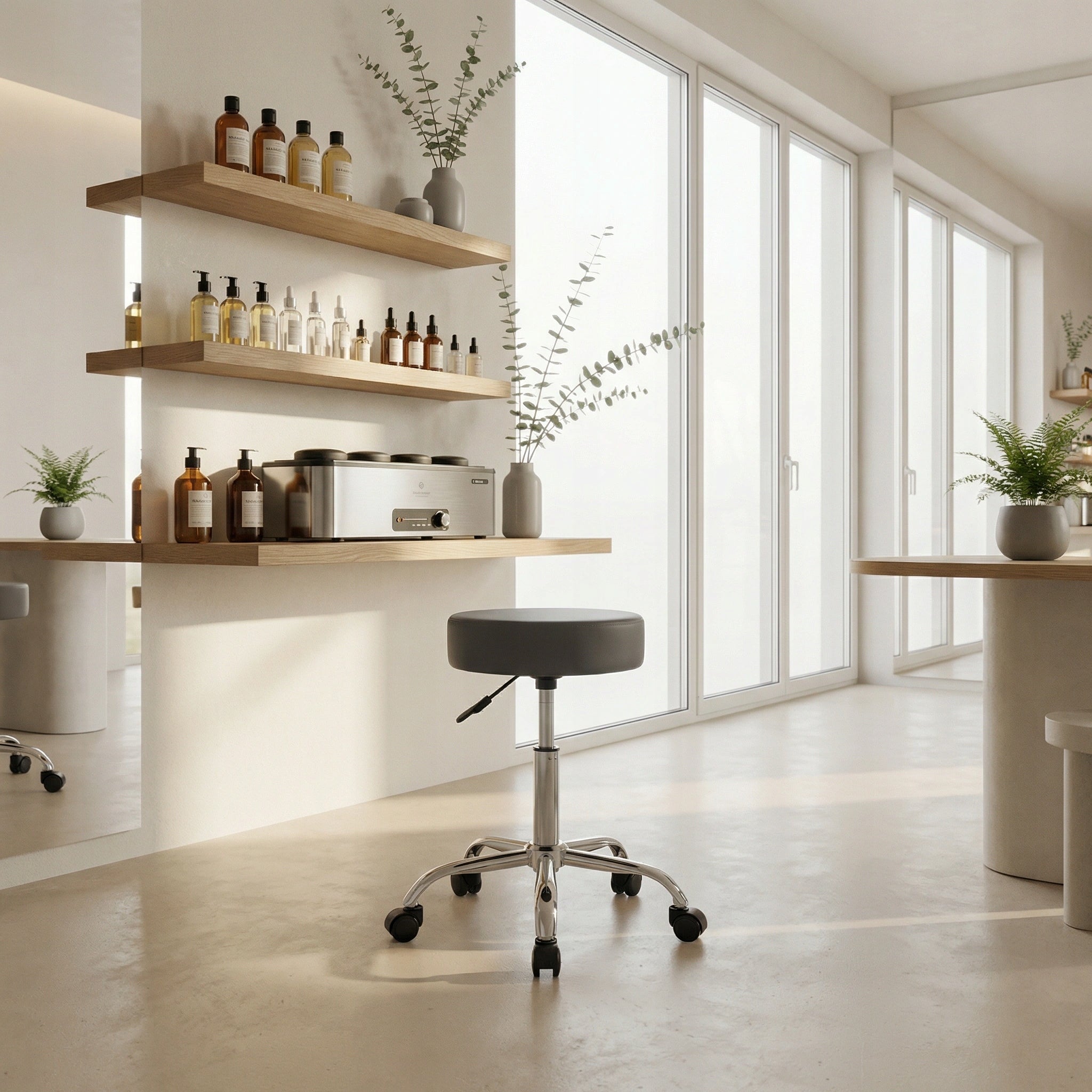 MEDICAL HAIRDRESSER COSMETIC STOOL GREY ON WHEELS SWIVEL CIRCLE Packaging status original