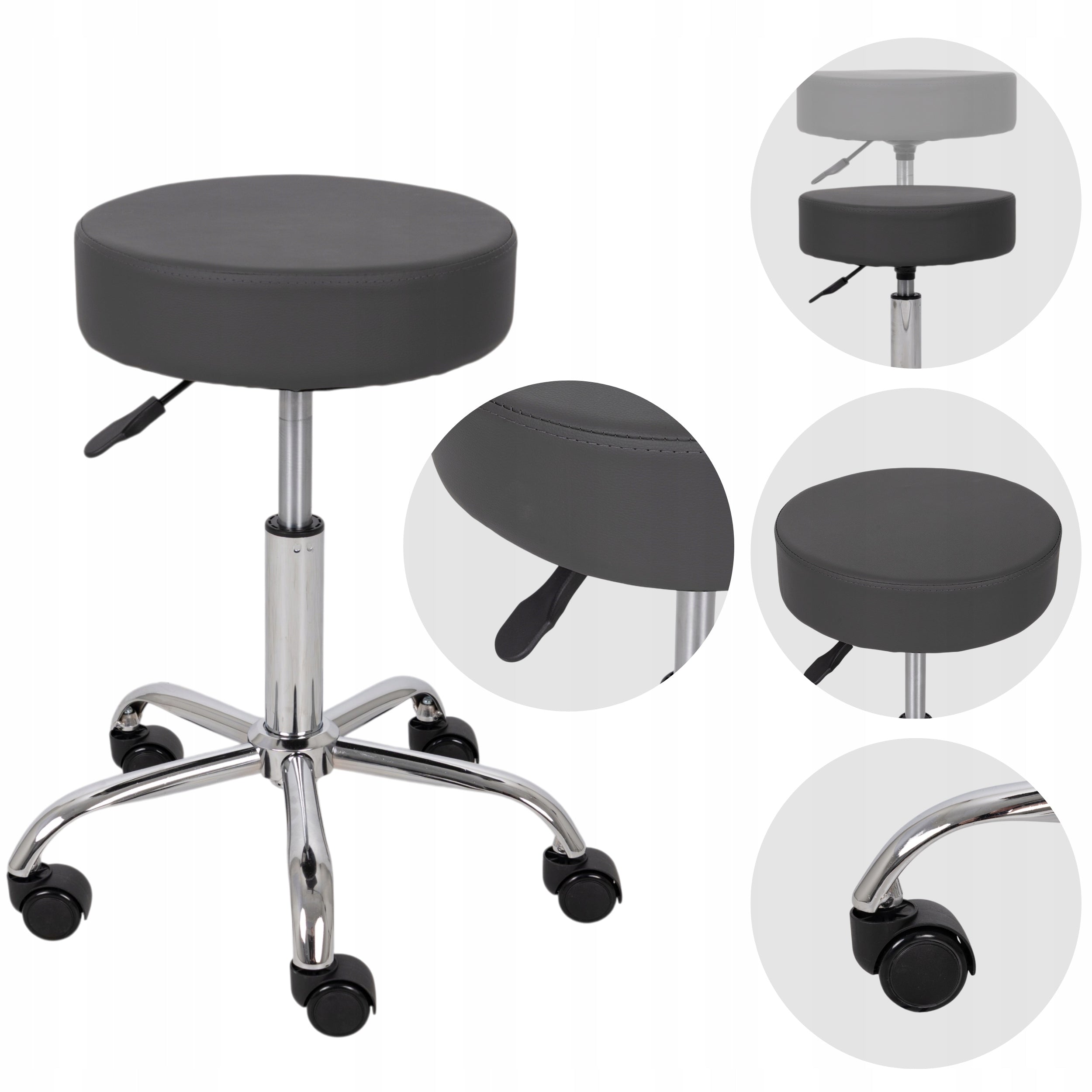 MEDICAL HAIRDRESSER COSMETIC STOOL GREY ON WHEELS SWIVEL CIRCLE