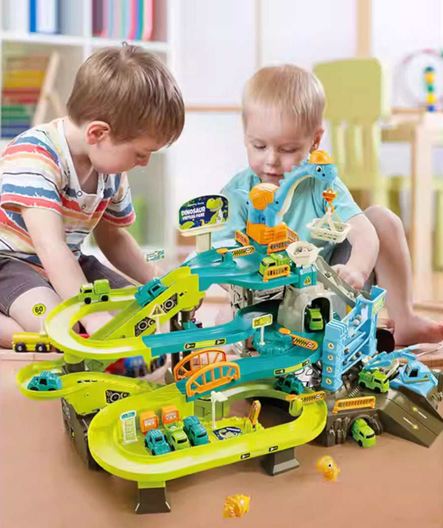 MEGA CAR TRACK PARKING TRAIN CRANE QUEUE STATION TUNNEL DINOSAUR REX Packaging status original