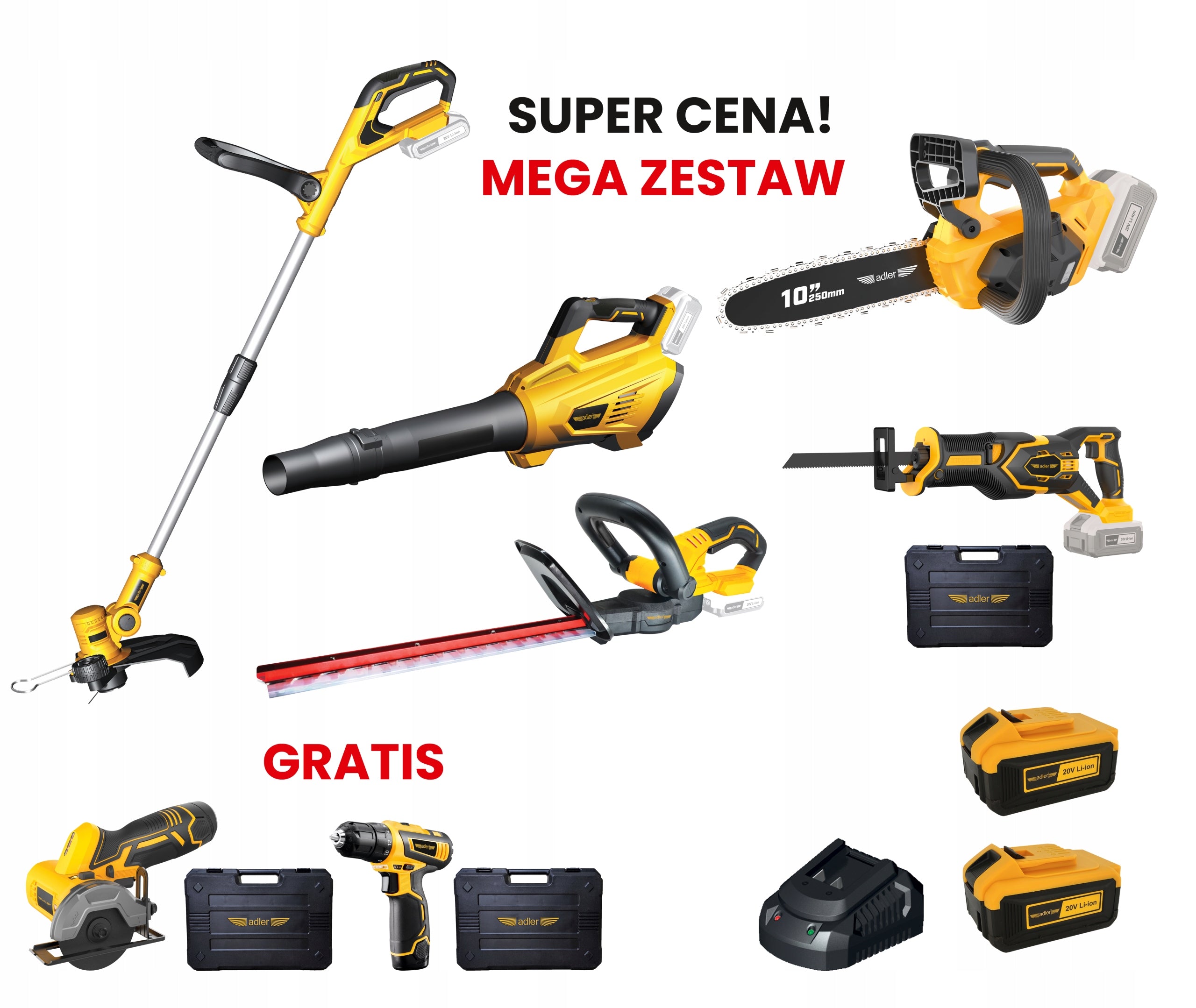 MEGA SET OF CORDLESS TOOLS ADLER 20V + 2x AKU 4Ah + CHARGER
