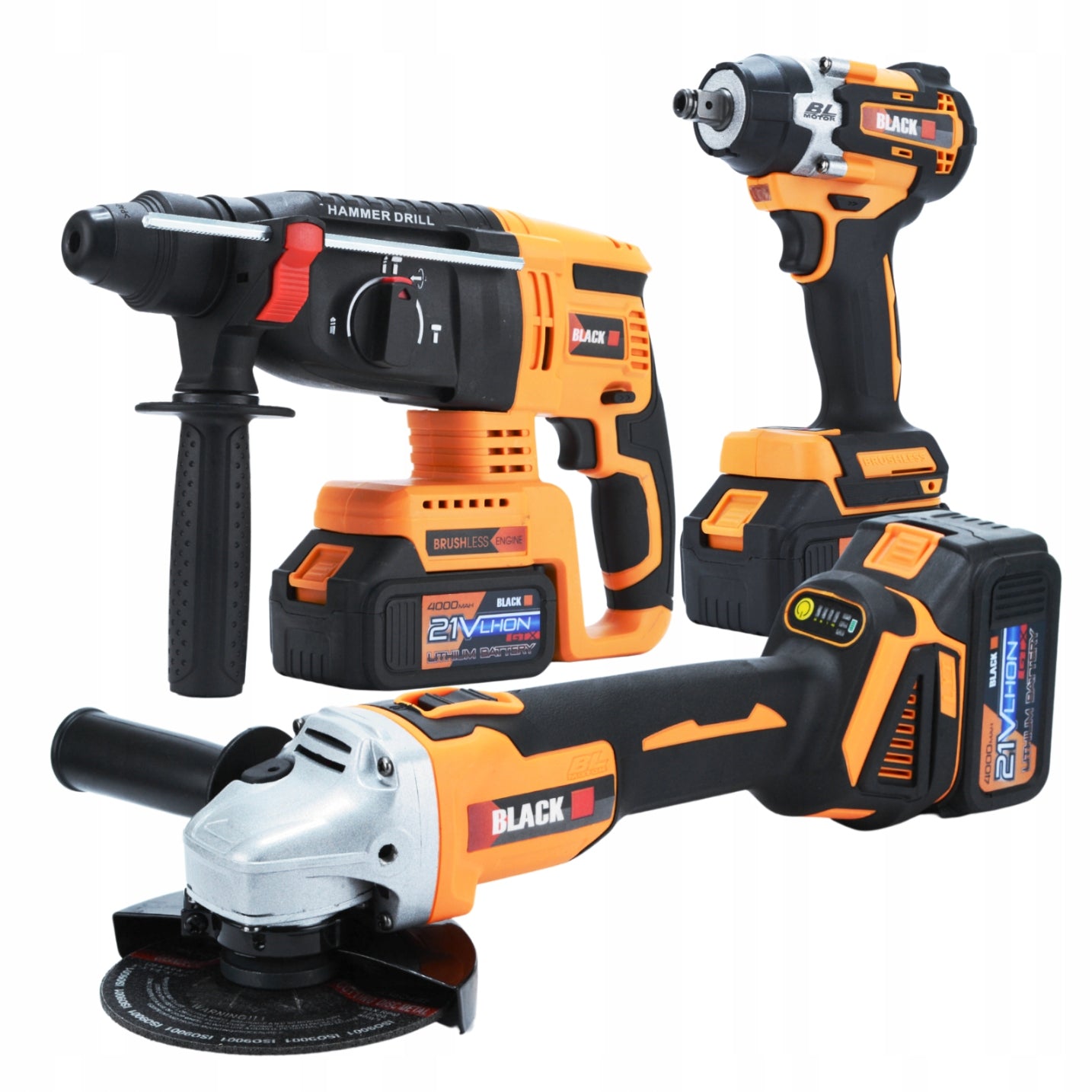 MEGA TOOL SET AKU 2X 4AH 21V 3in1 HAMMER IMPACT WRENCH GRINDER BLACK Packaging status original