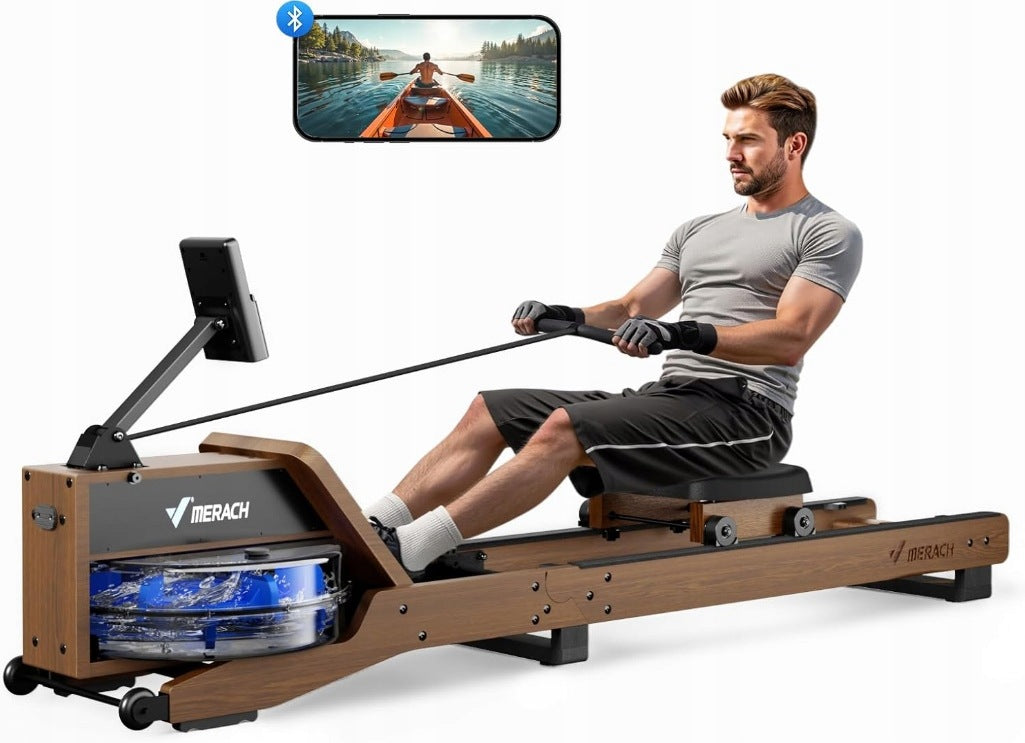 MERACH folding wooden water rowing machine, inner rowing machine with rubber