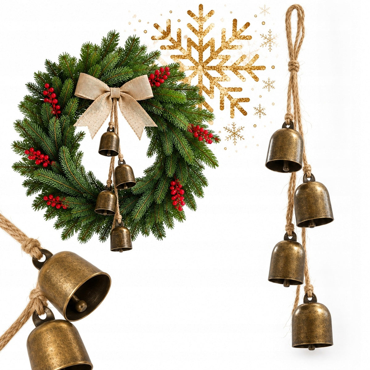 METAL BELLS 4pcs HANGING GOLD 35cm CHRISTMAS TREE PENDANT BELL