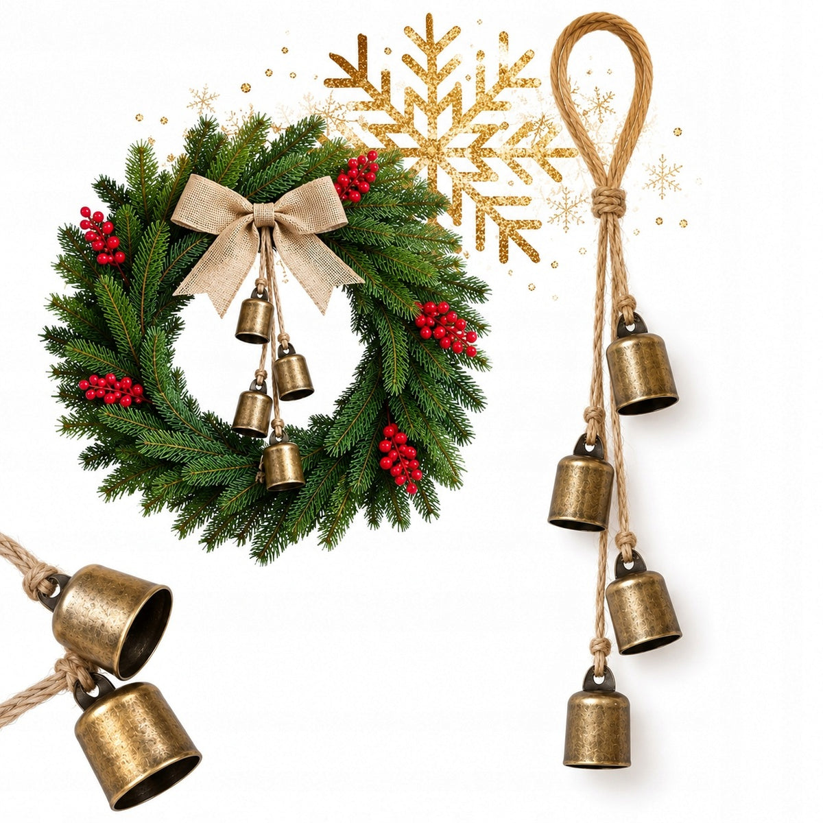 METAL BELLS 4pcs HANGING GOLD 35cm CHRISTMAS TREE PENDANT BELL