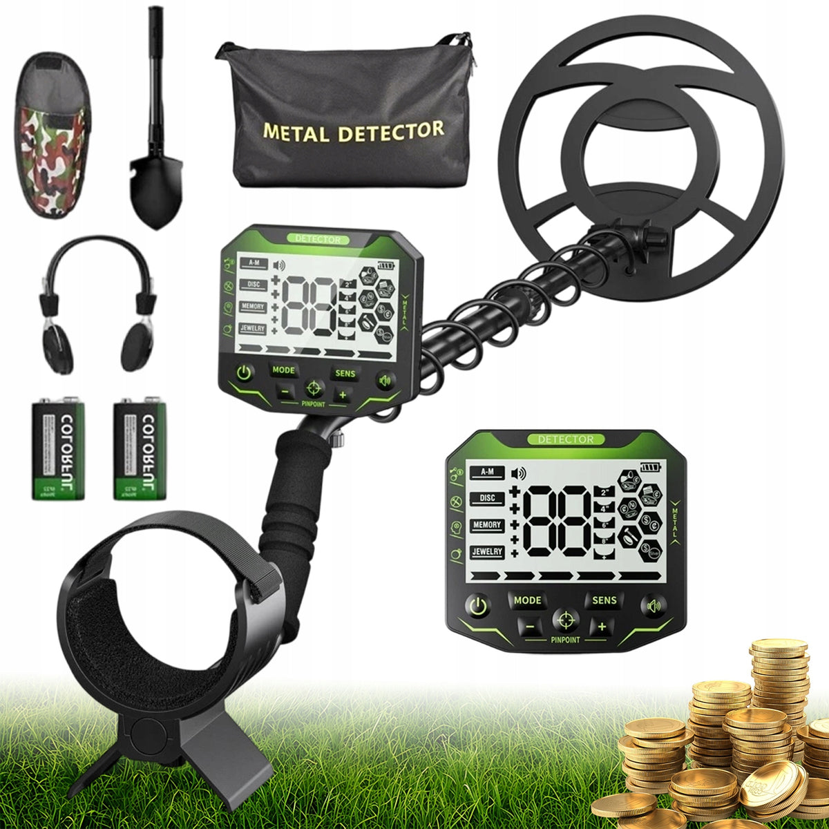 METAL DETECTOR 9V 200MAH WITH WATERPROOF COIL 25CM SHOVEL CASE