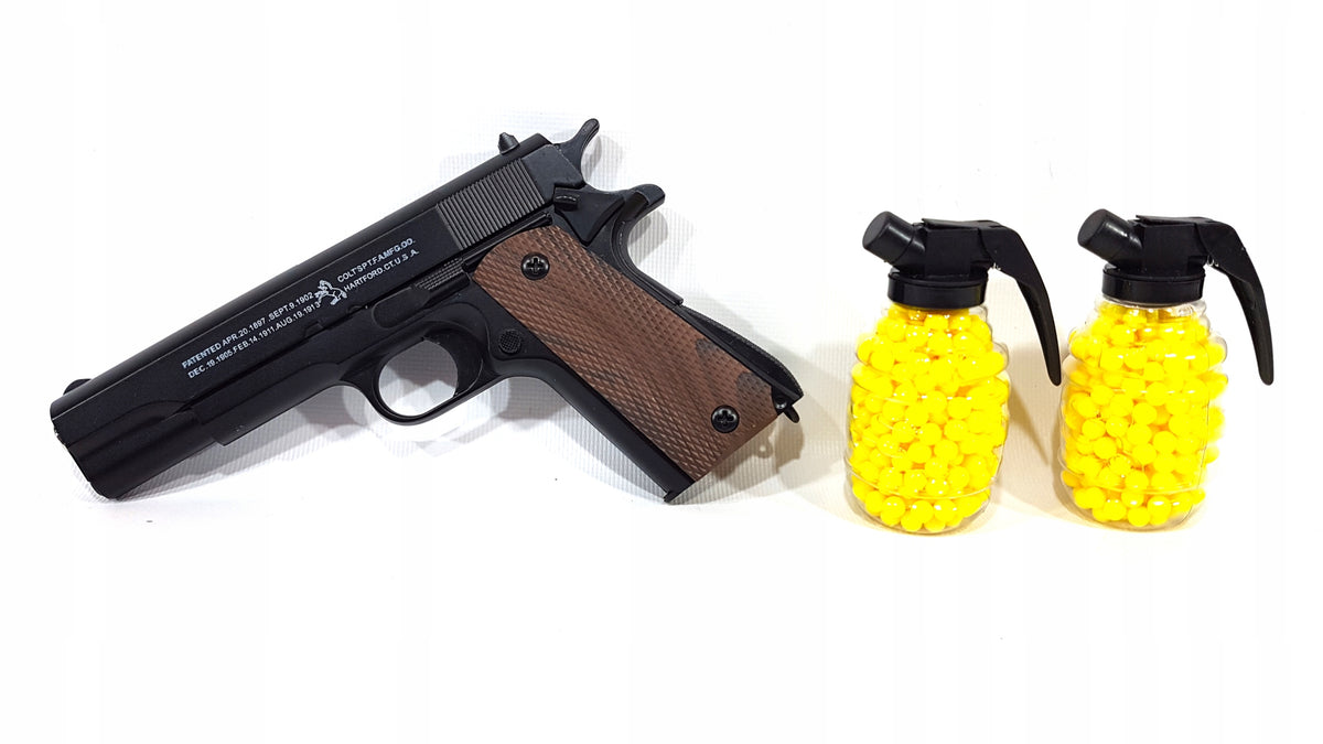 METAL GUN COLT M1911 FOR BALLS REPLICA ASG WITH LOCK + 2x GRENADES Packaging status original